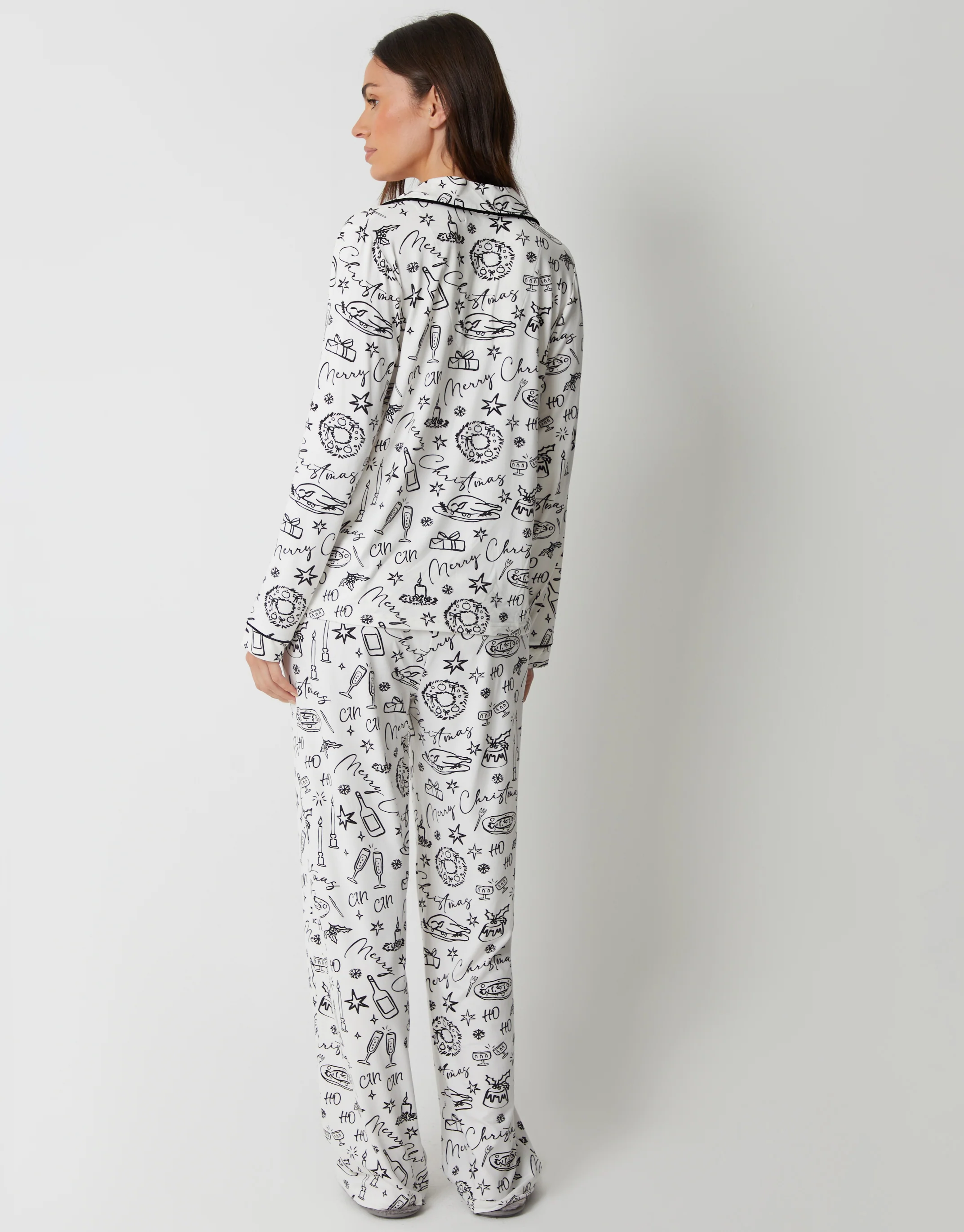 Food Print Long Button-Through Christmas Pyjama Set in White - Image 3