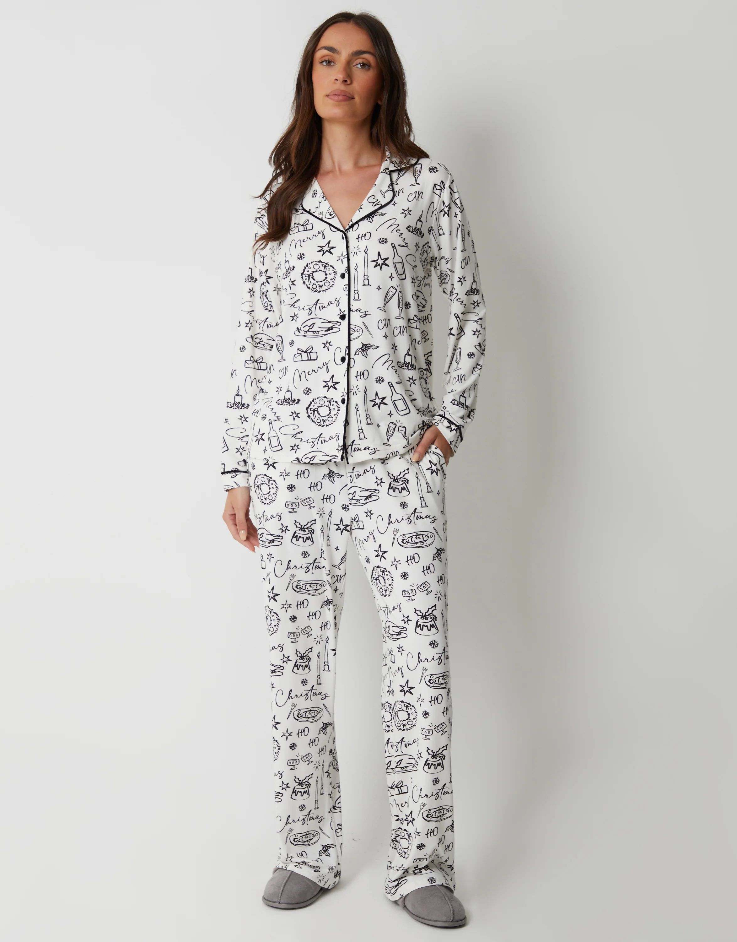 Food Print Long Button-Through Christmas Pyjama Set in White - Image 4