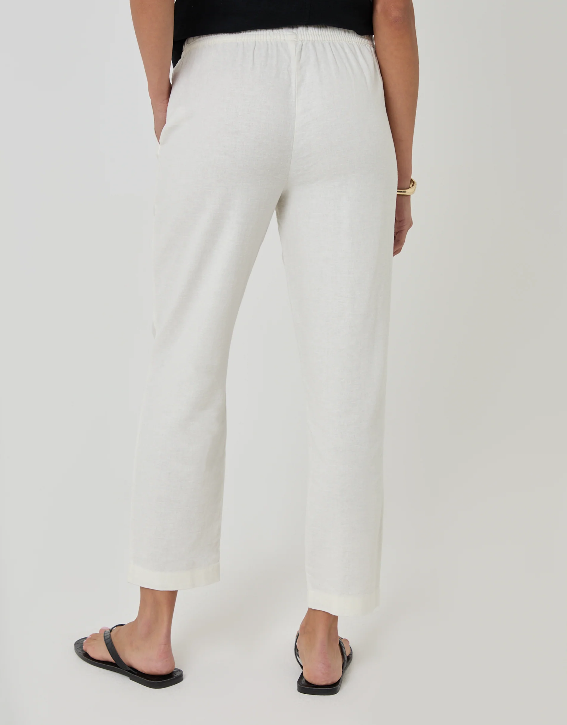 Linen Blend Drawstring Trousers in White - Image 3