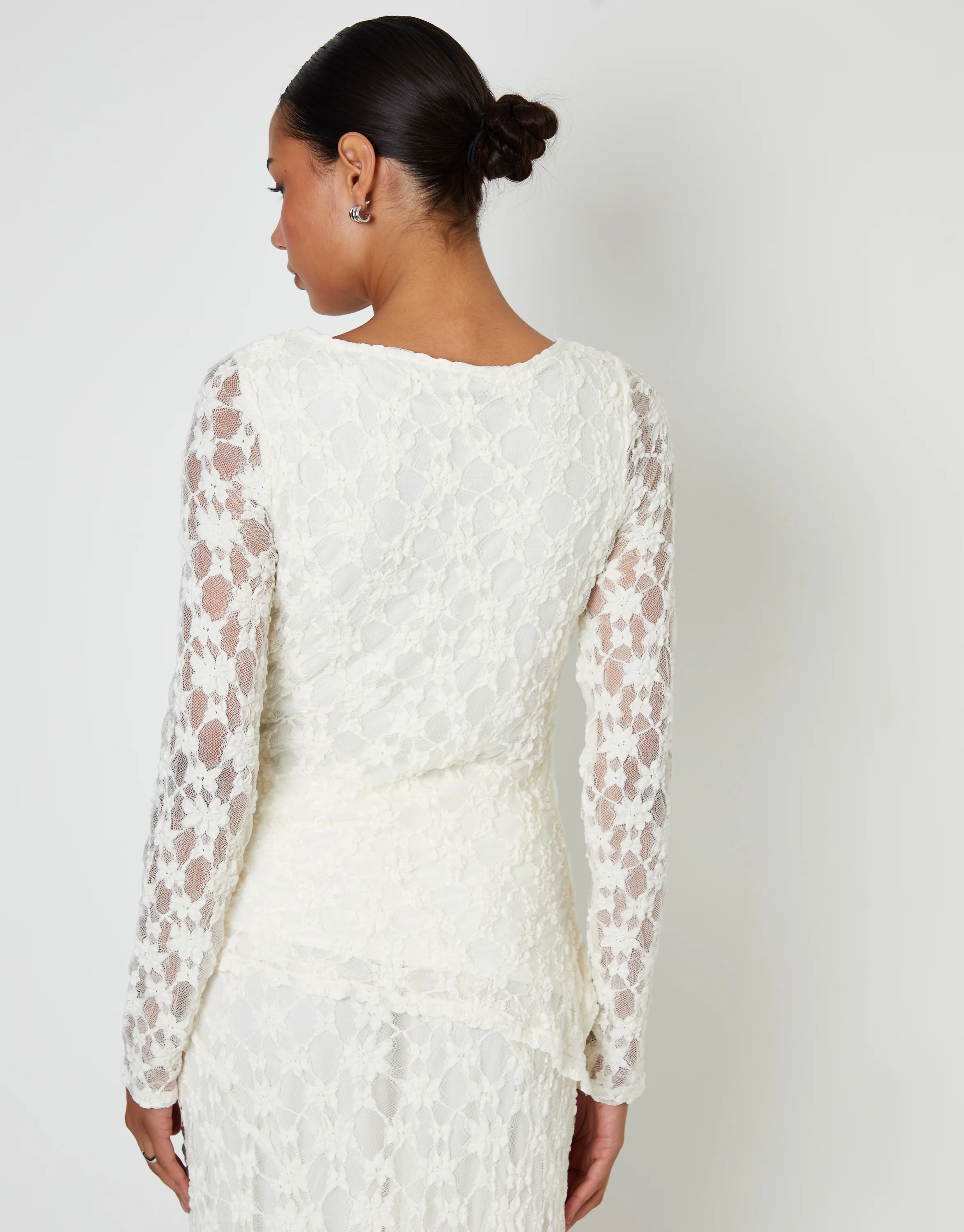 Long Sleeve Asymmetric Lace Slash Neck Top in White - Image 2