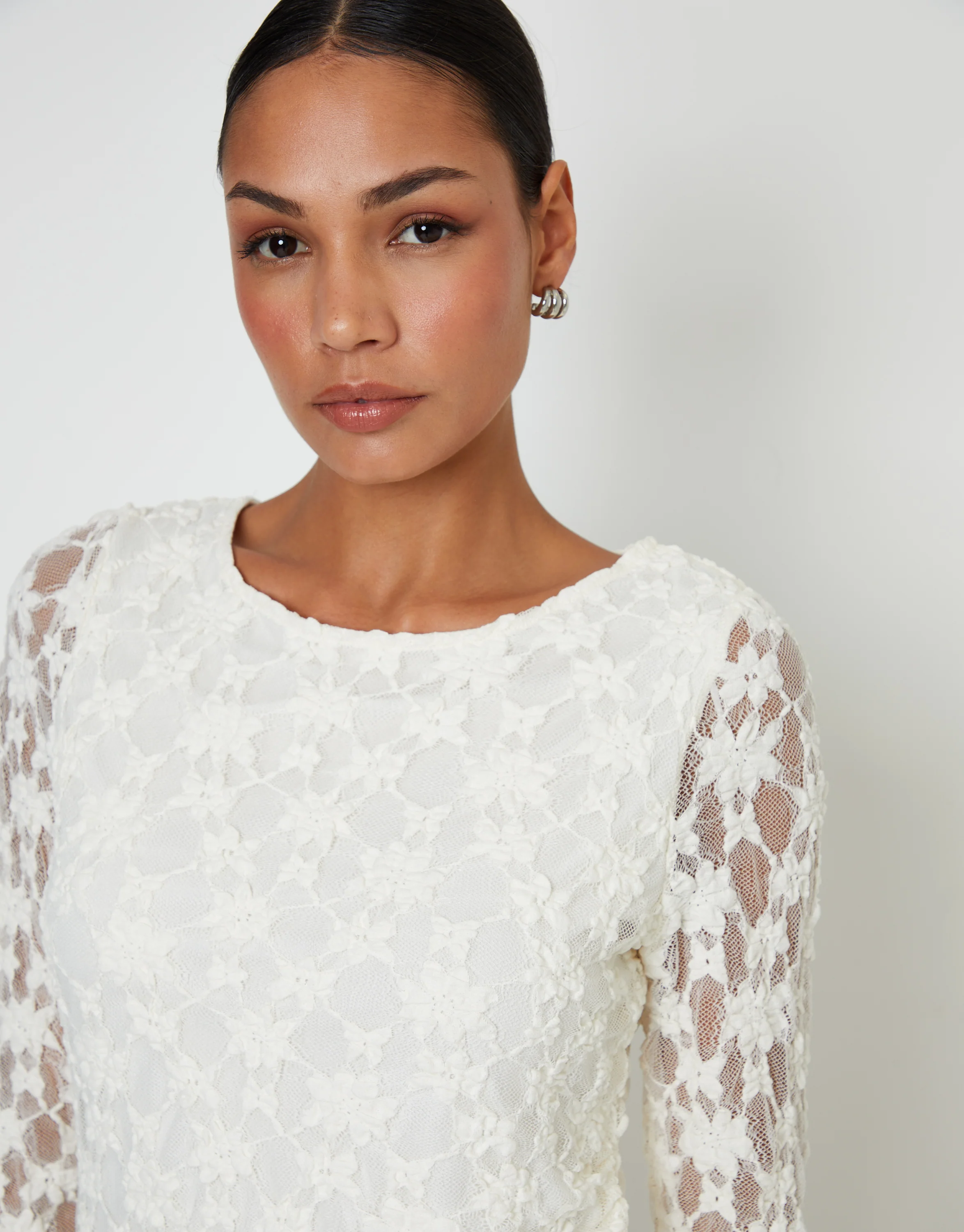 Long Sleeve Asymmetric Lace Slash Neck Top in White - Image 4