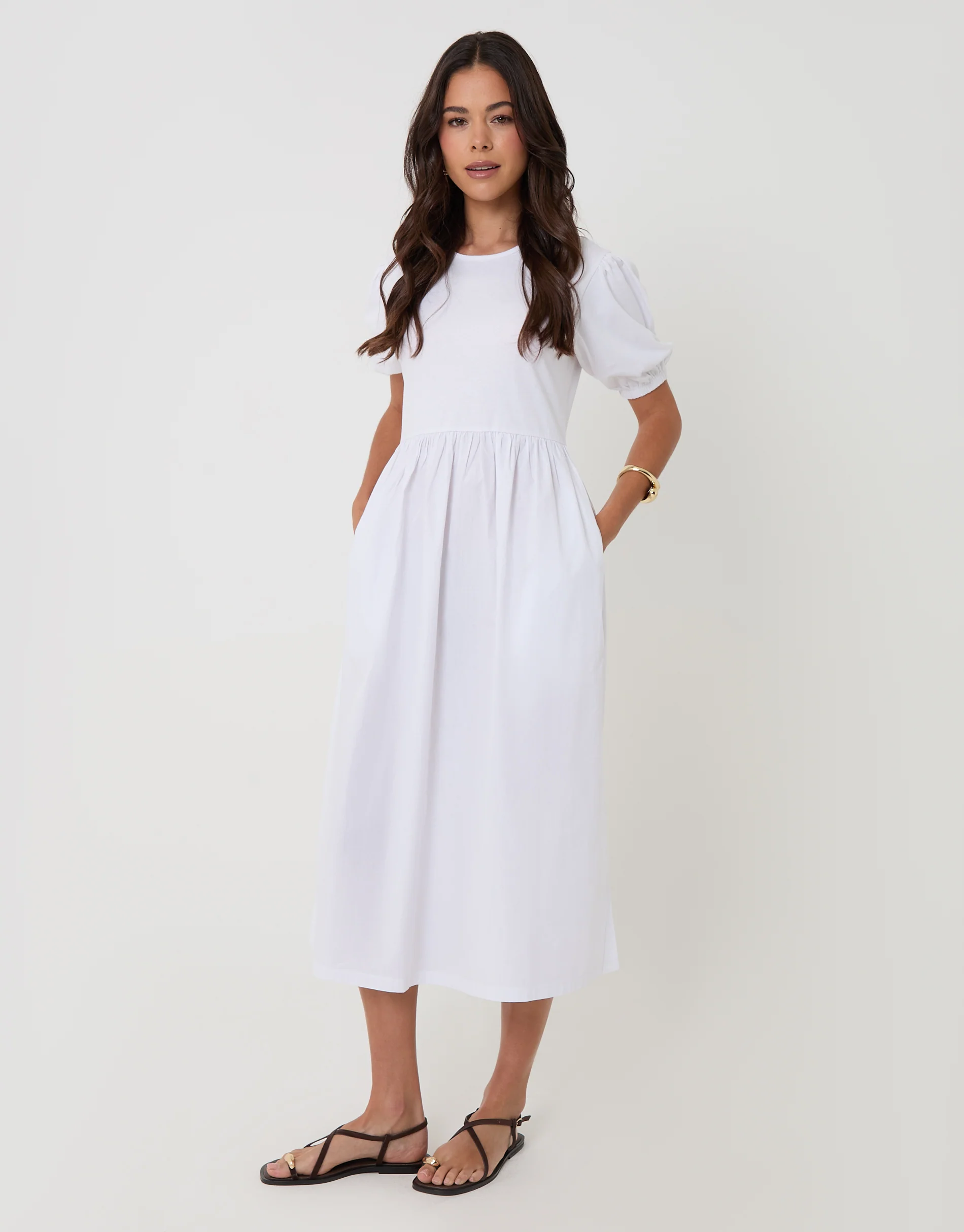 Puff Sleeve Jersey Poplin Mix Maxi Dress in White - Image 3