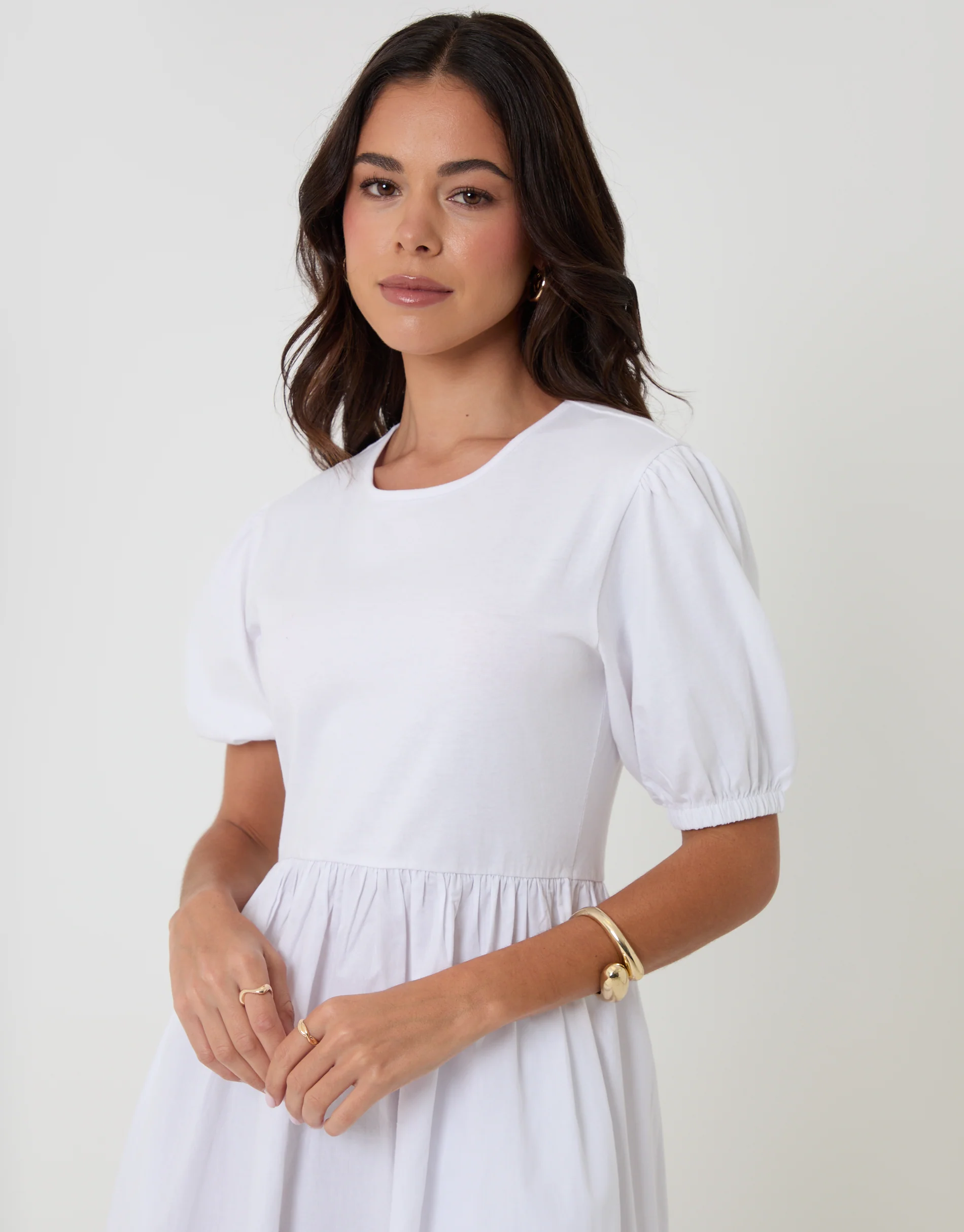 Puff Sleeve Jersey Poplin Mix Maxi Dress in White - Image 4