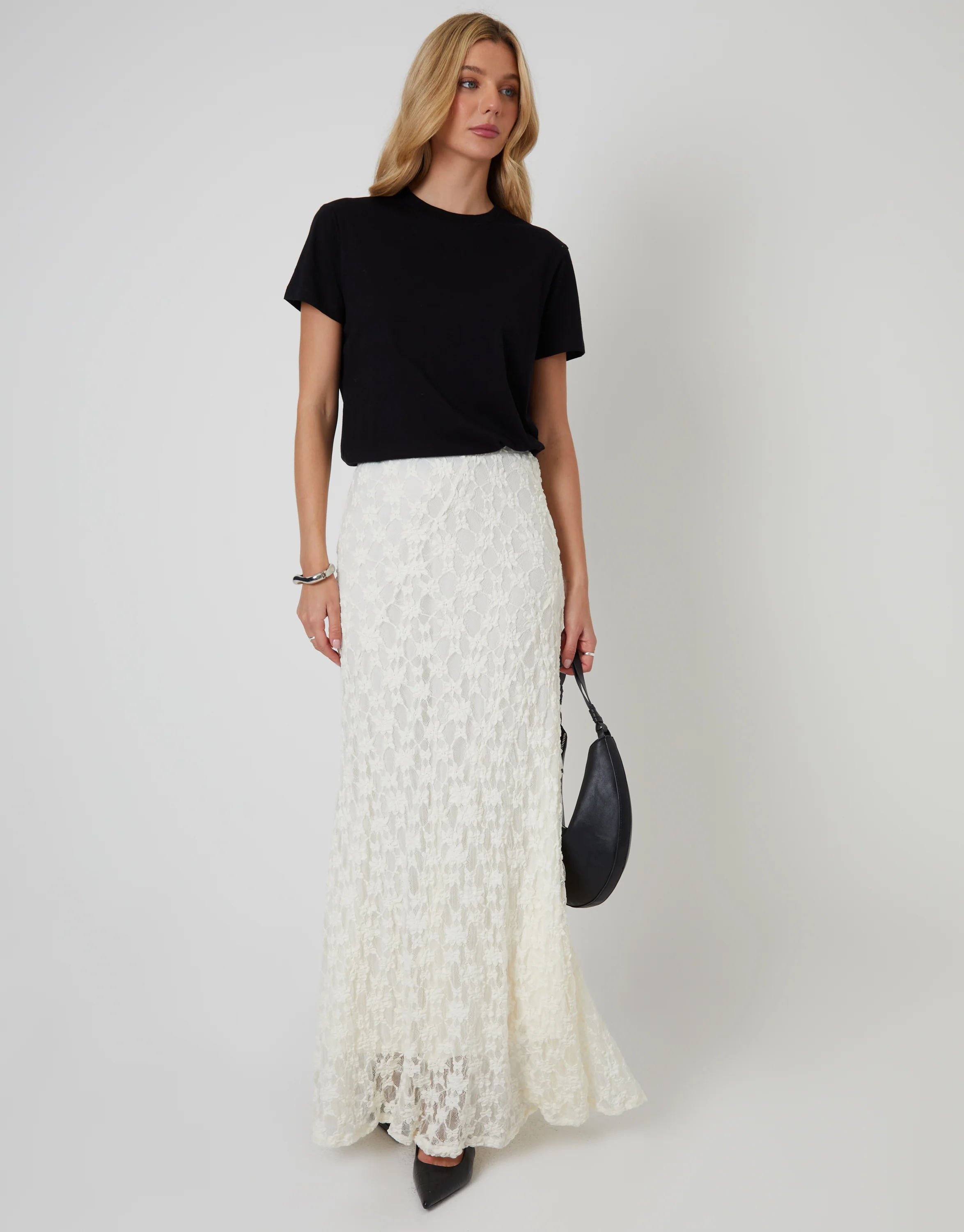 Pull On Lace Maxi Skirt in White