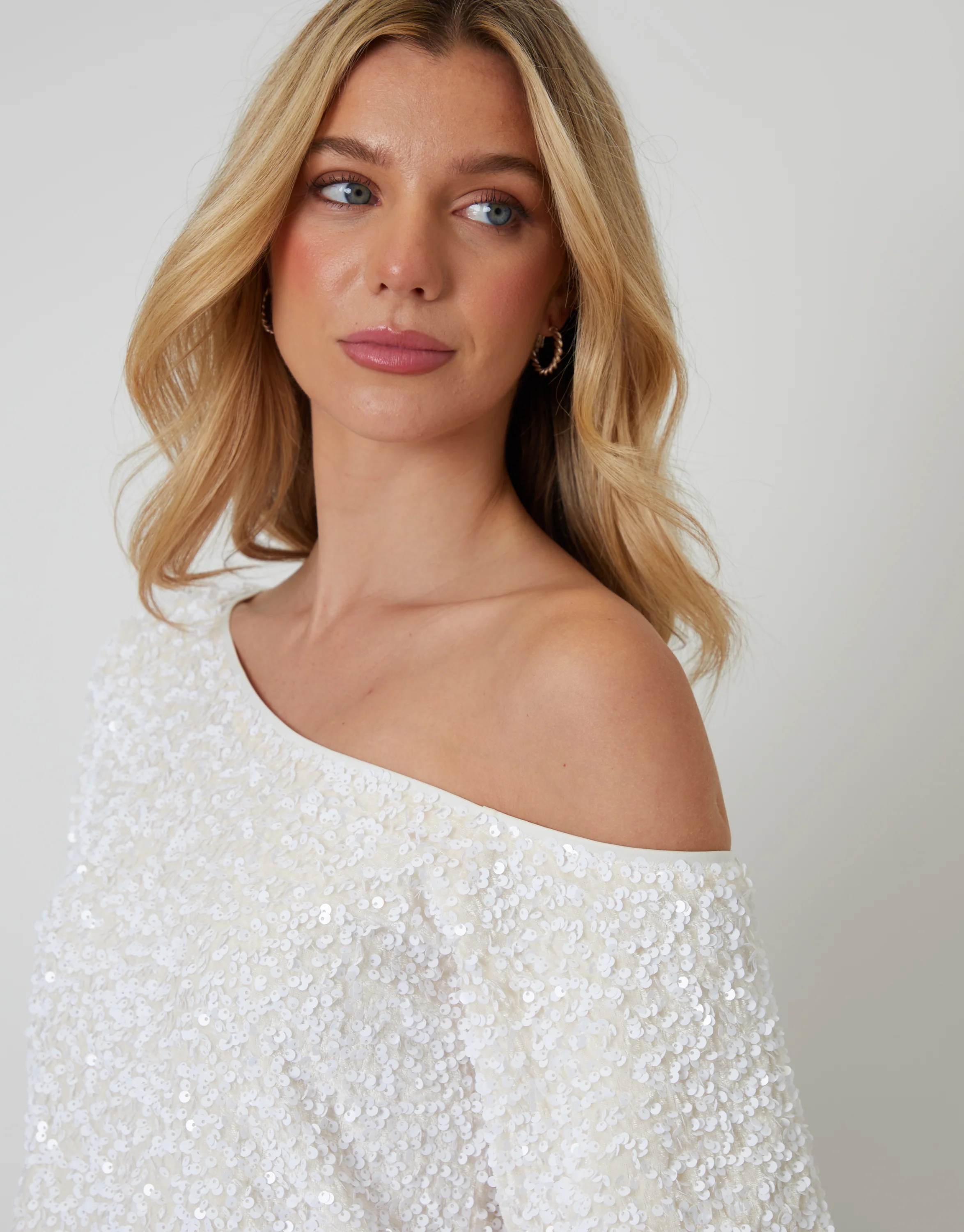 Sequin Velour Slash Neck Top in White - Image 5