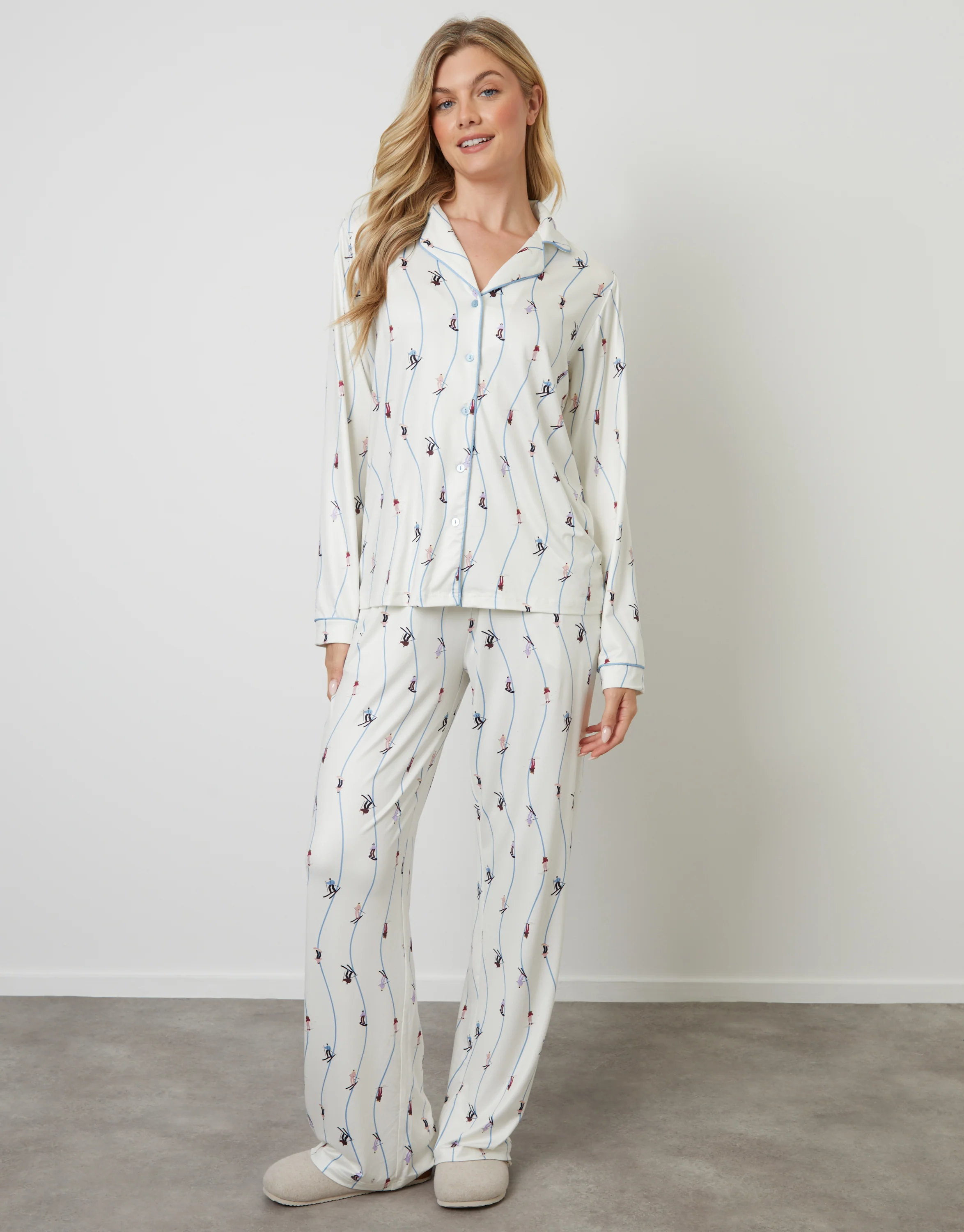 Ski Print Long Button-Through Pyjama Set in White - Image 2