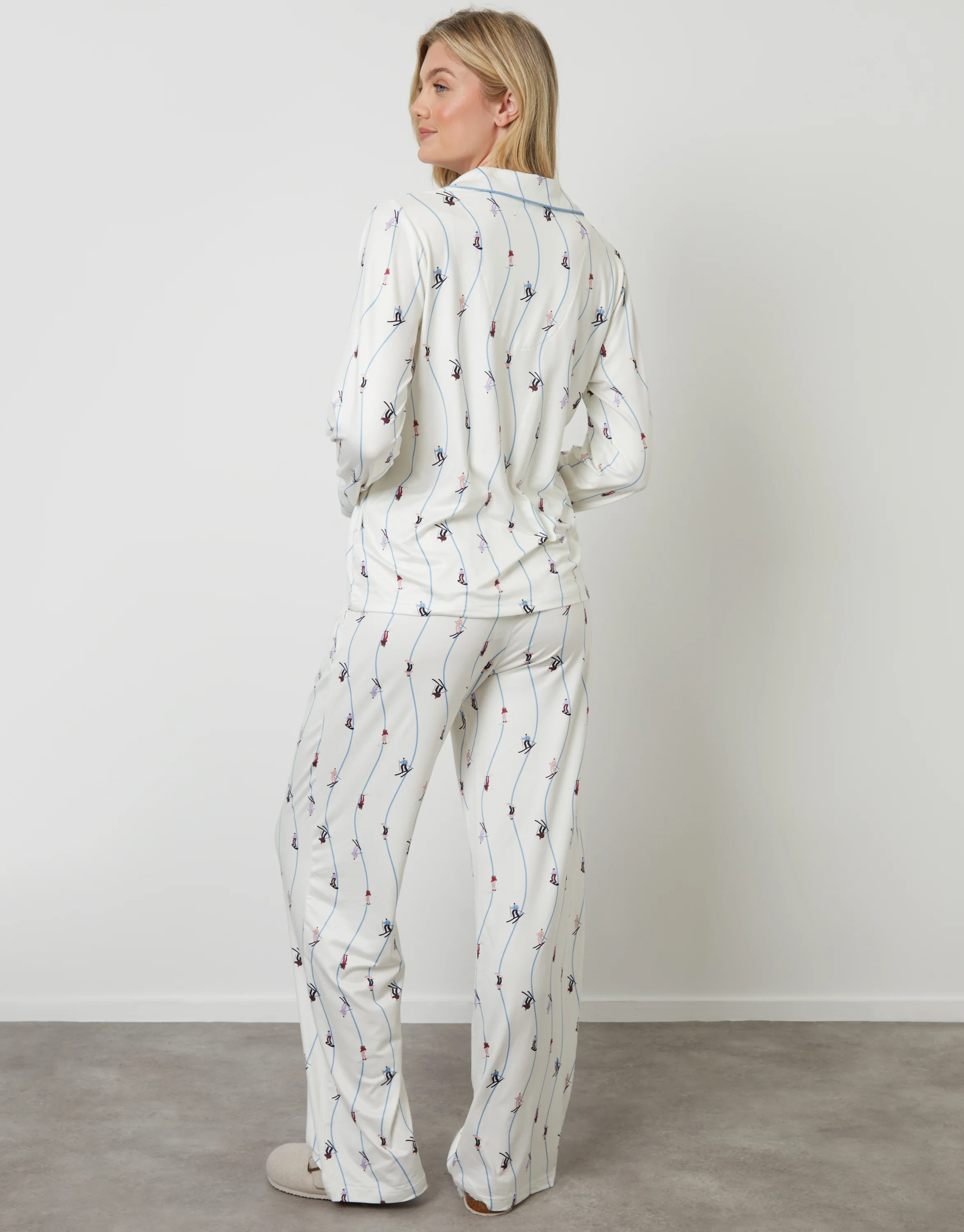 Ski Print Long Button-Through Pyjama Set in White - Image 3