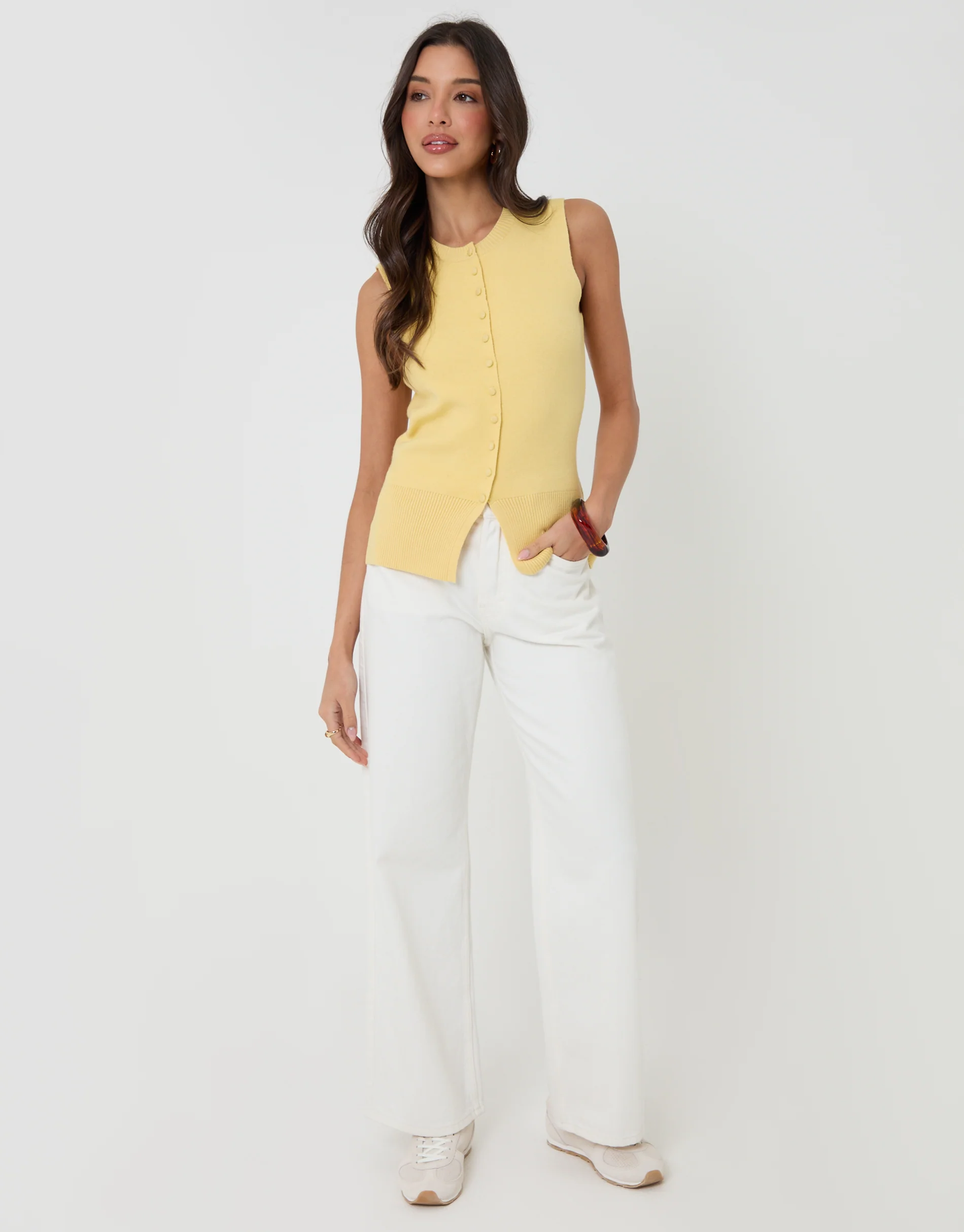 Crew Neck Compact Knit Vest in Yellow - Image 3
