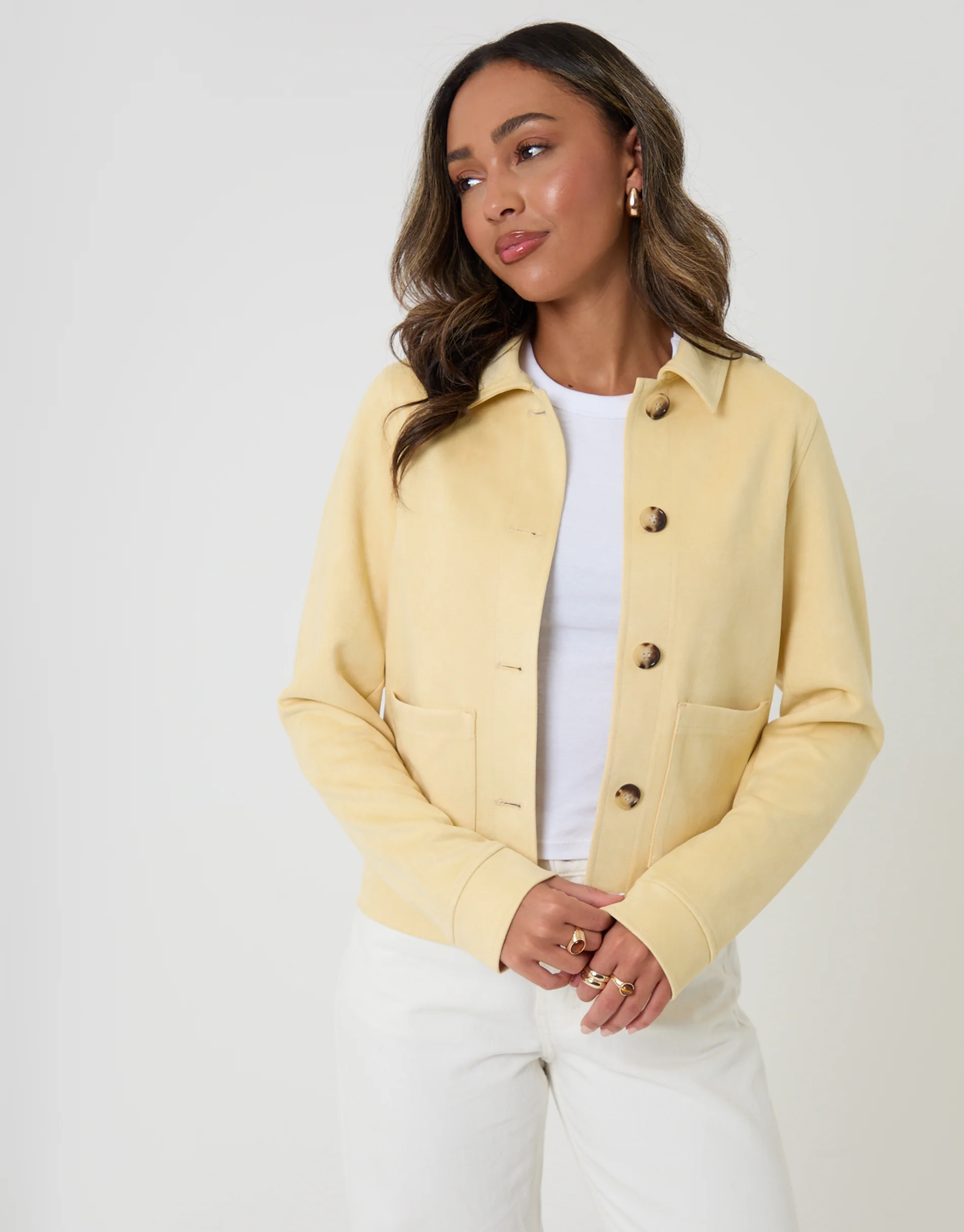 Cropped Button Up Suedette Shacket in Yellow