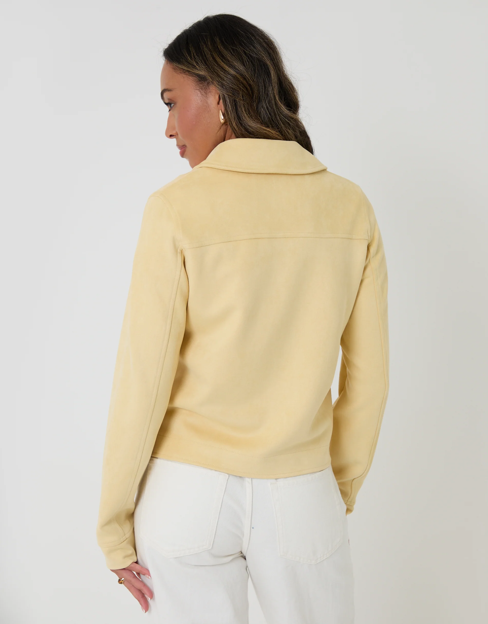 Cropped Button Up Suedette Shacket in Yellow - Image 2
