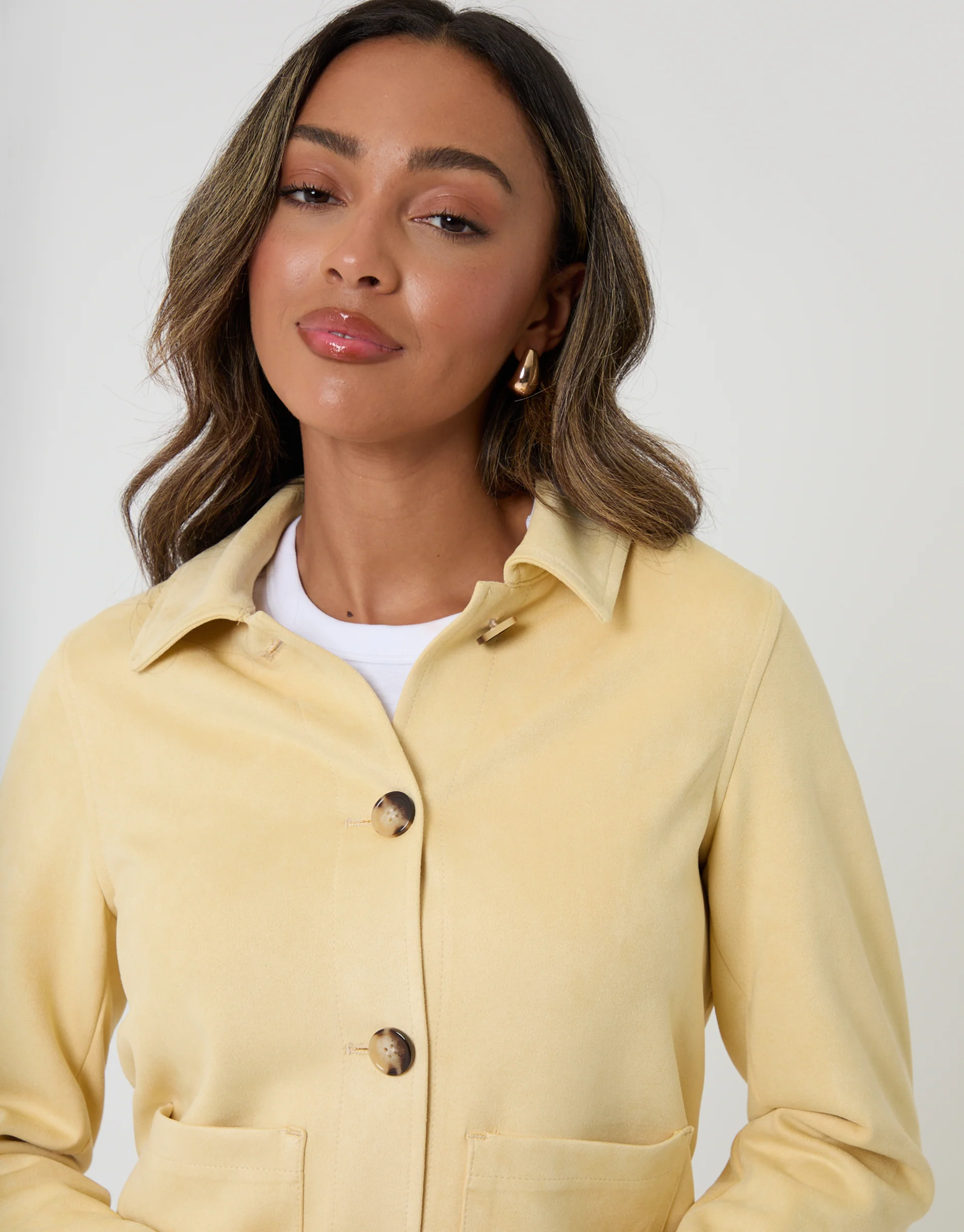 Cropped Button Up Suedette Shacket in Yellow - Image 4