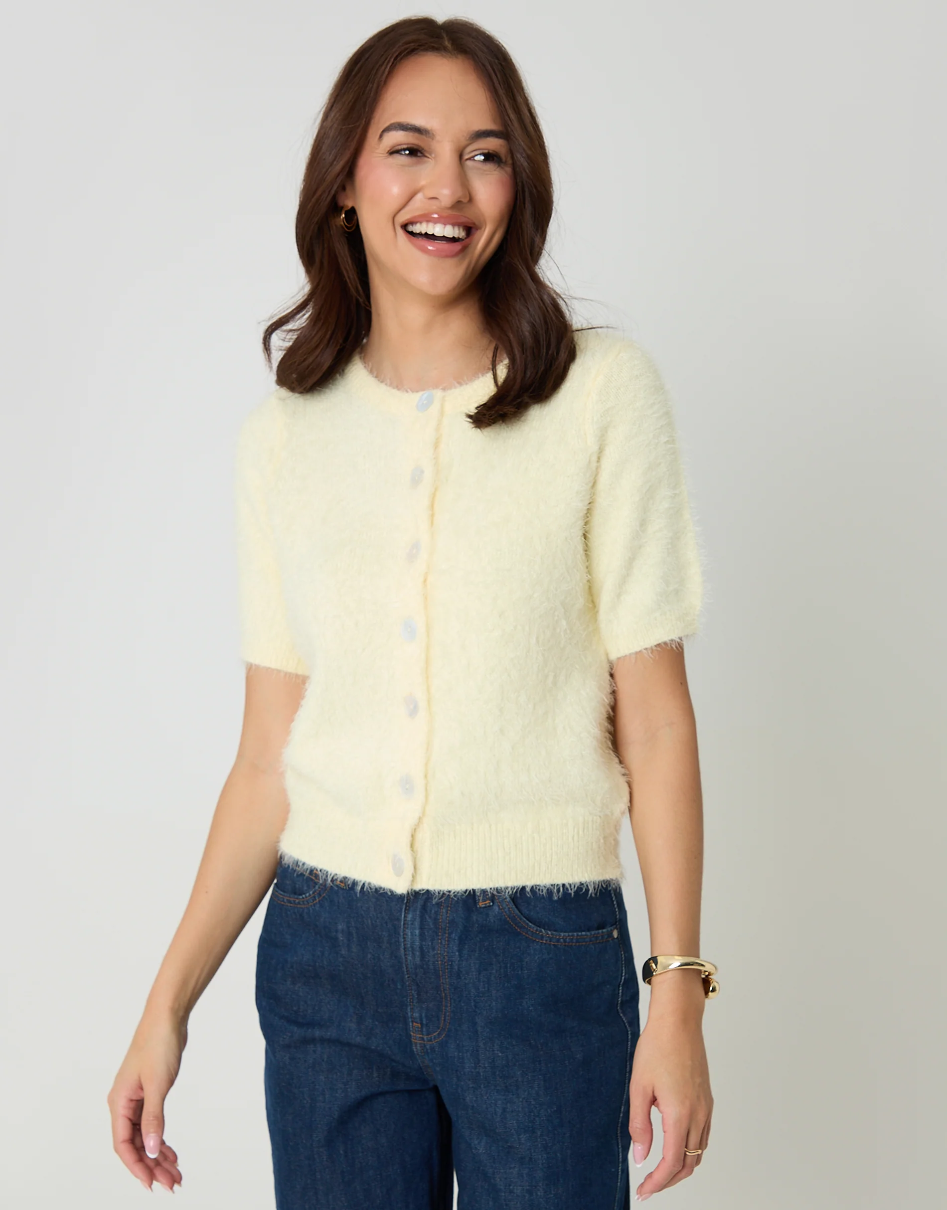 Eyelash Knit Short Sleeve Cardigan in Yellow