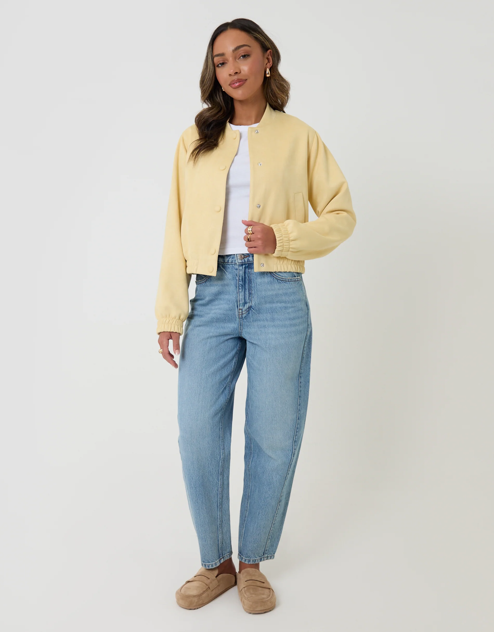 Faux Suede Bomber Jacket in Yellow - Image 3