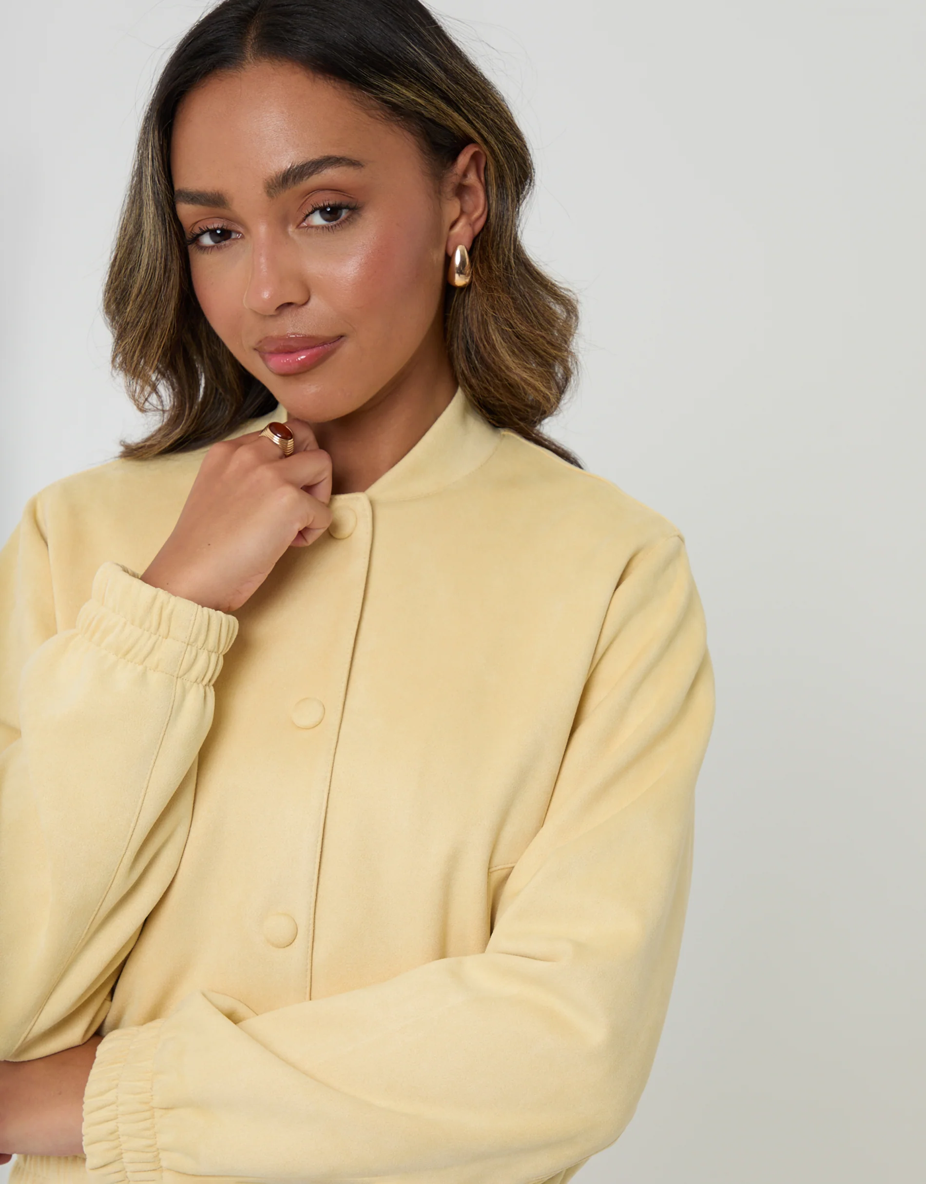 Faux Suede Bomber Jacket in Yellow - Image 4