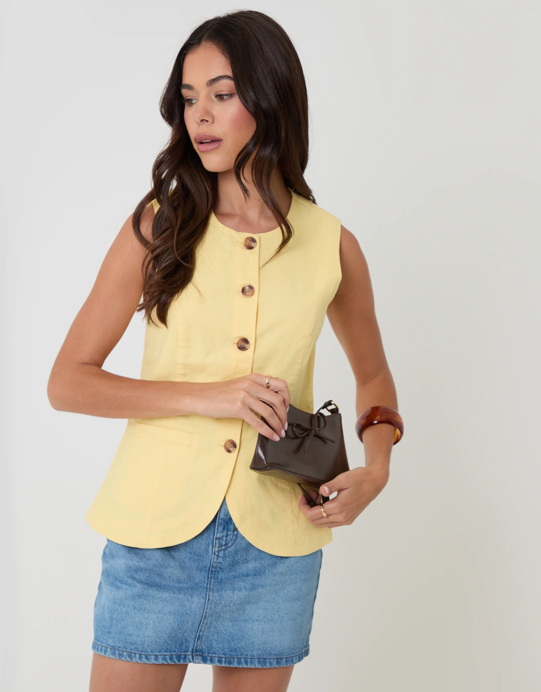 Linen Blend Longline Waistcoat in Yellow