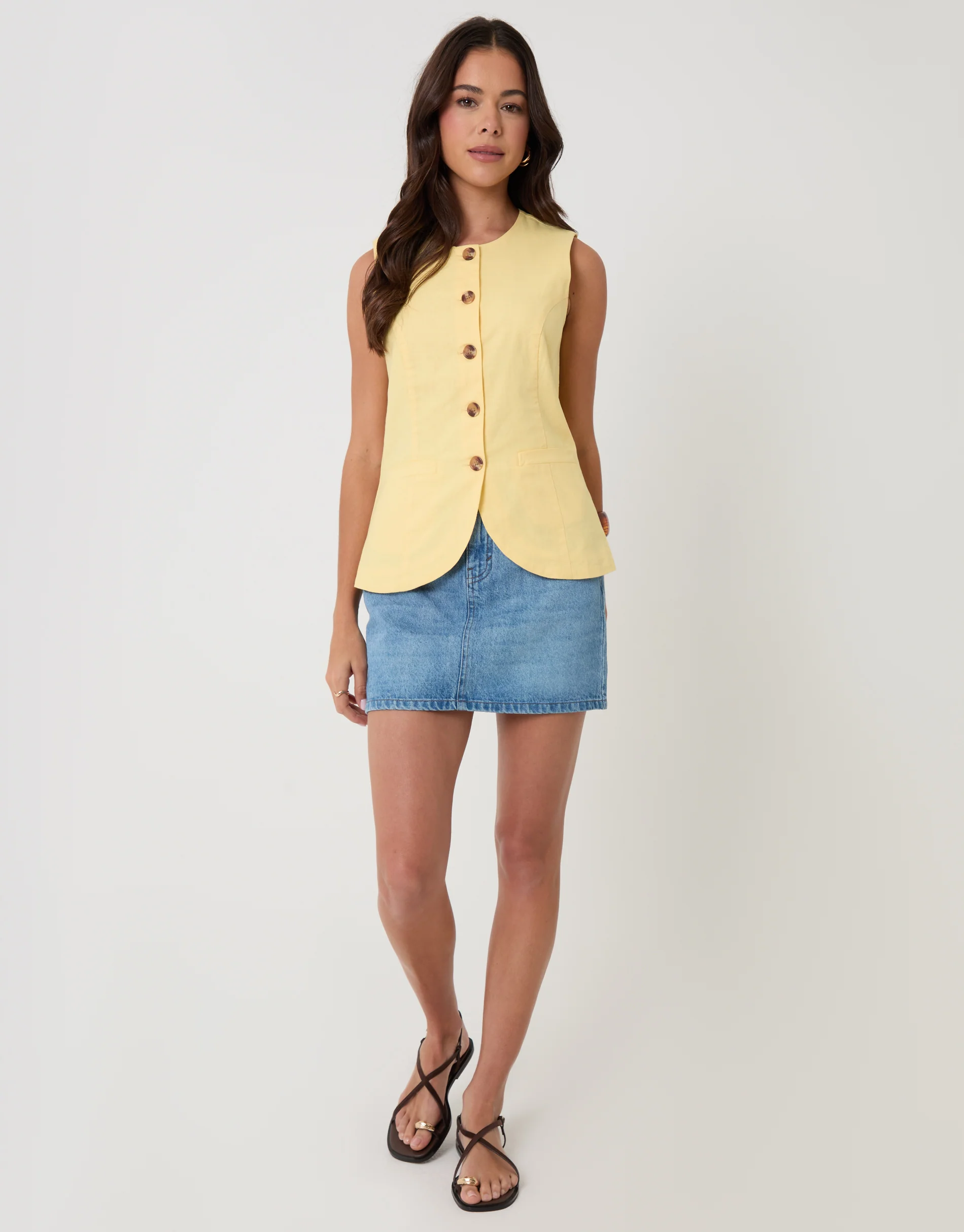 Linen Blend Longline Waistcoat in Yellow - Image 3