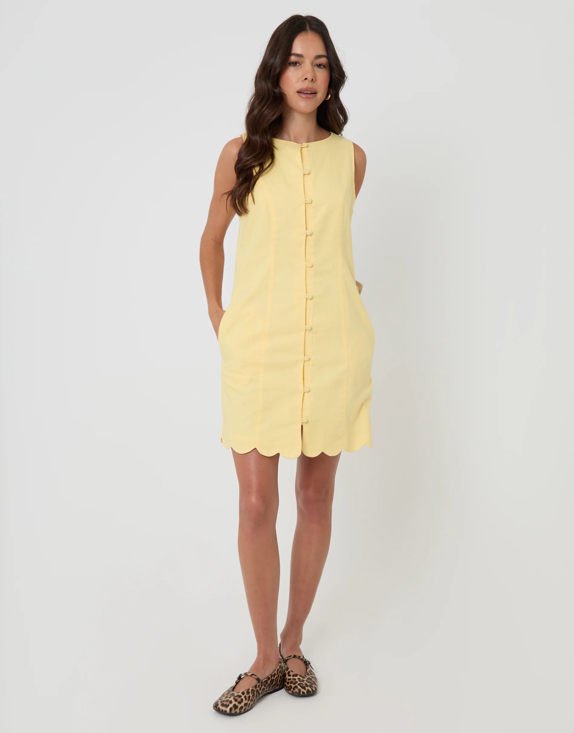 Linen Blend Pinafore Dress in Yellow - Image 3