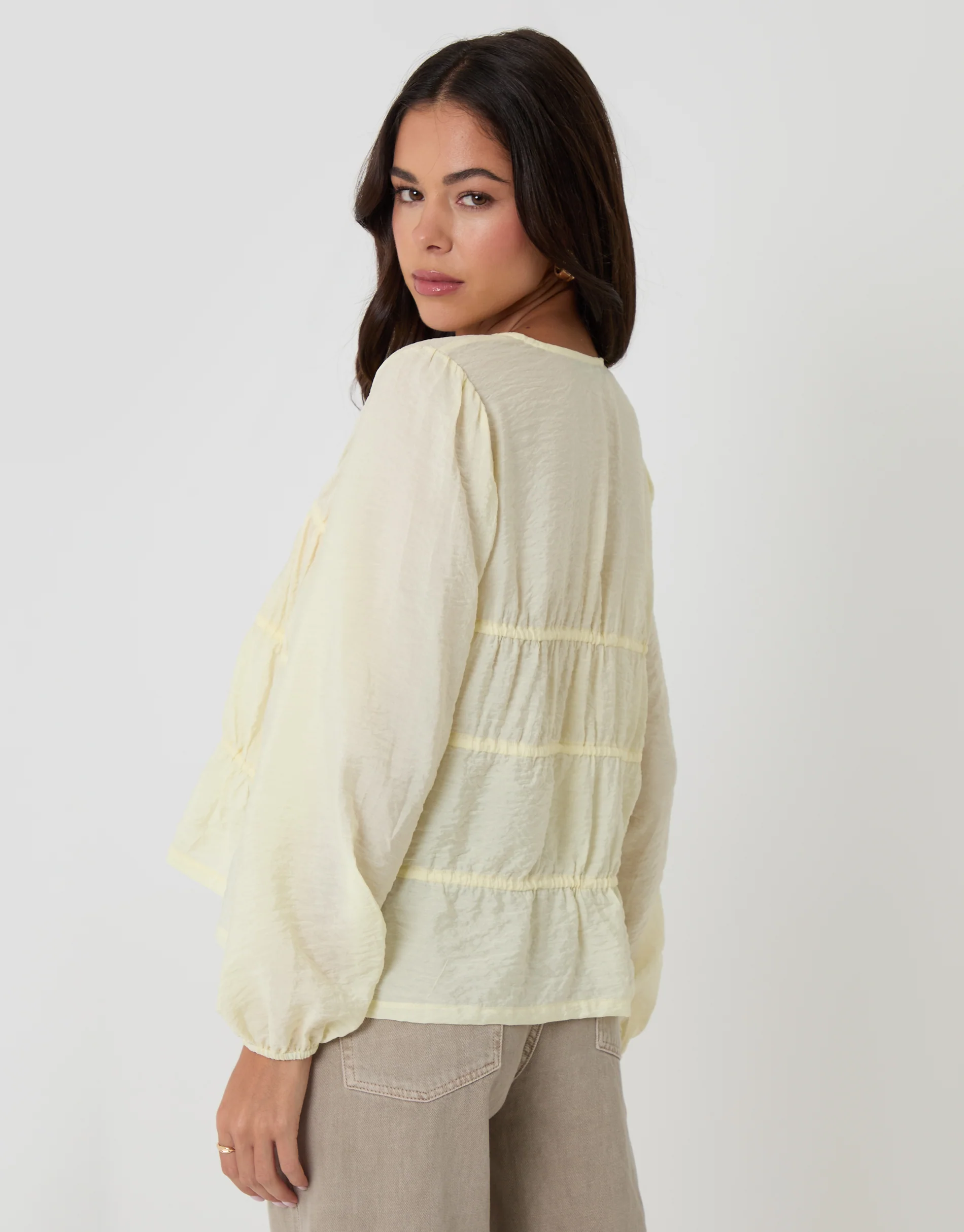 Long Sleeve Tie Front Blouse in Yellow - Image 2