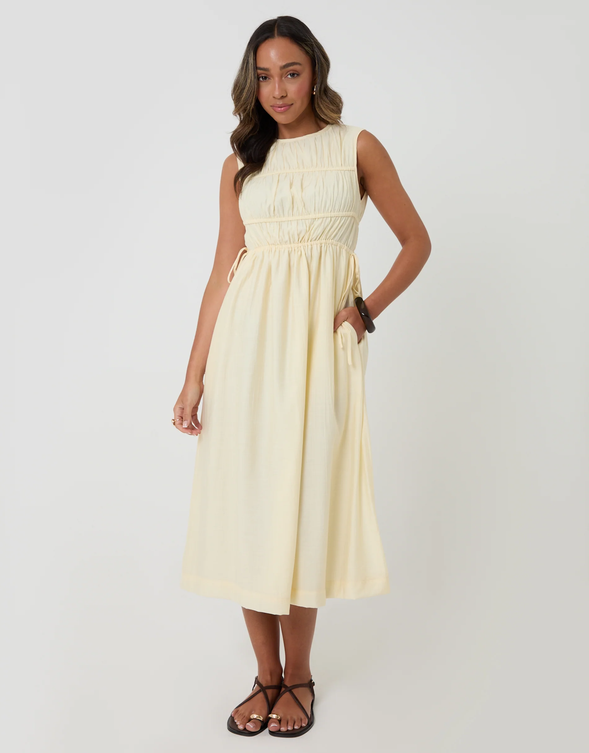 Ruched Drawstring Midi Dress in Yellow