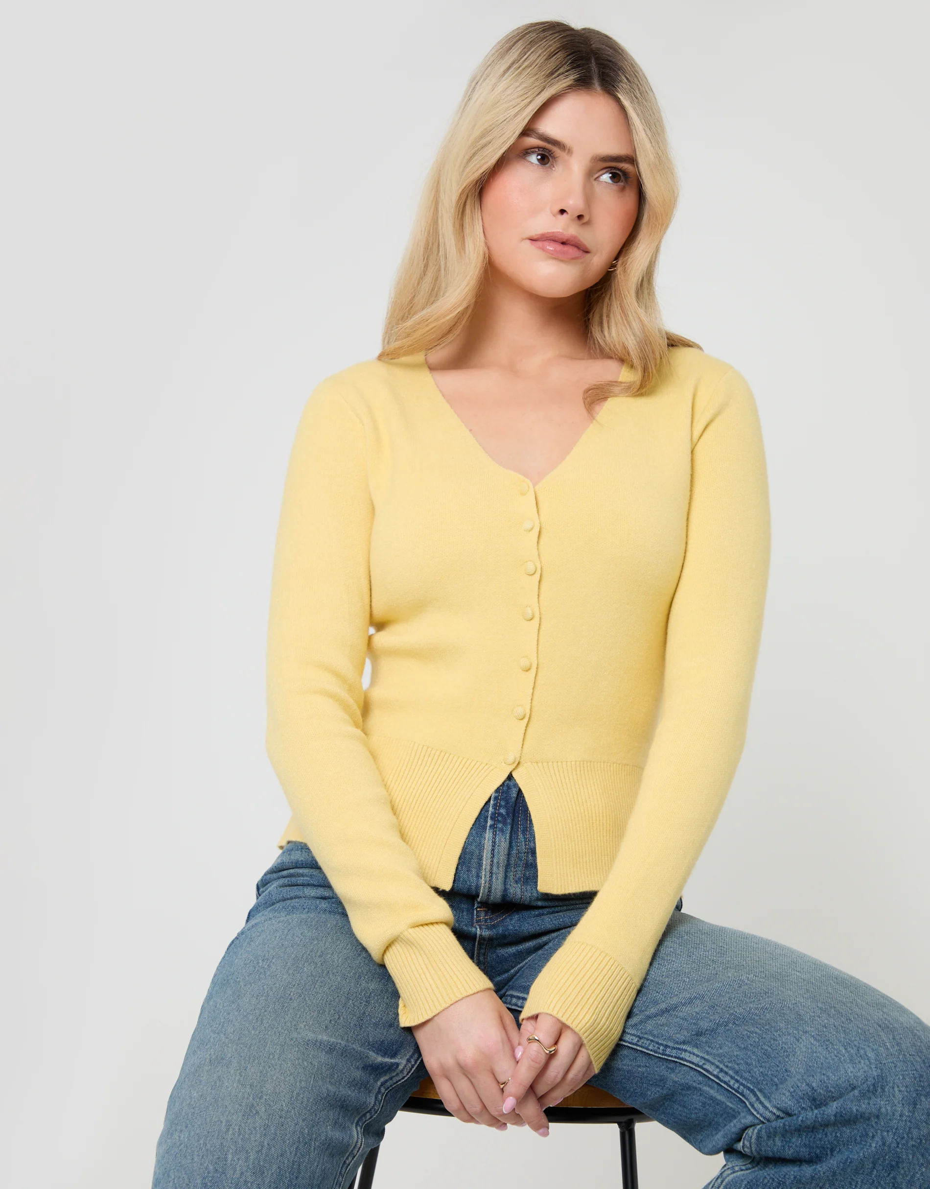 V Neck Compact Knitted Cardigan in Yellow
