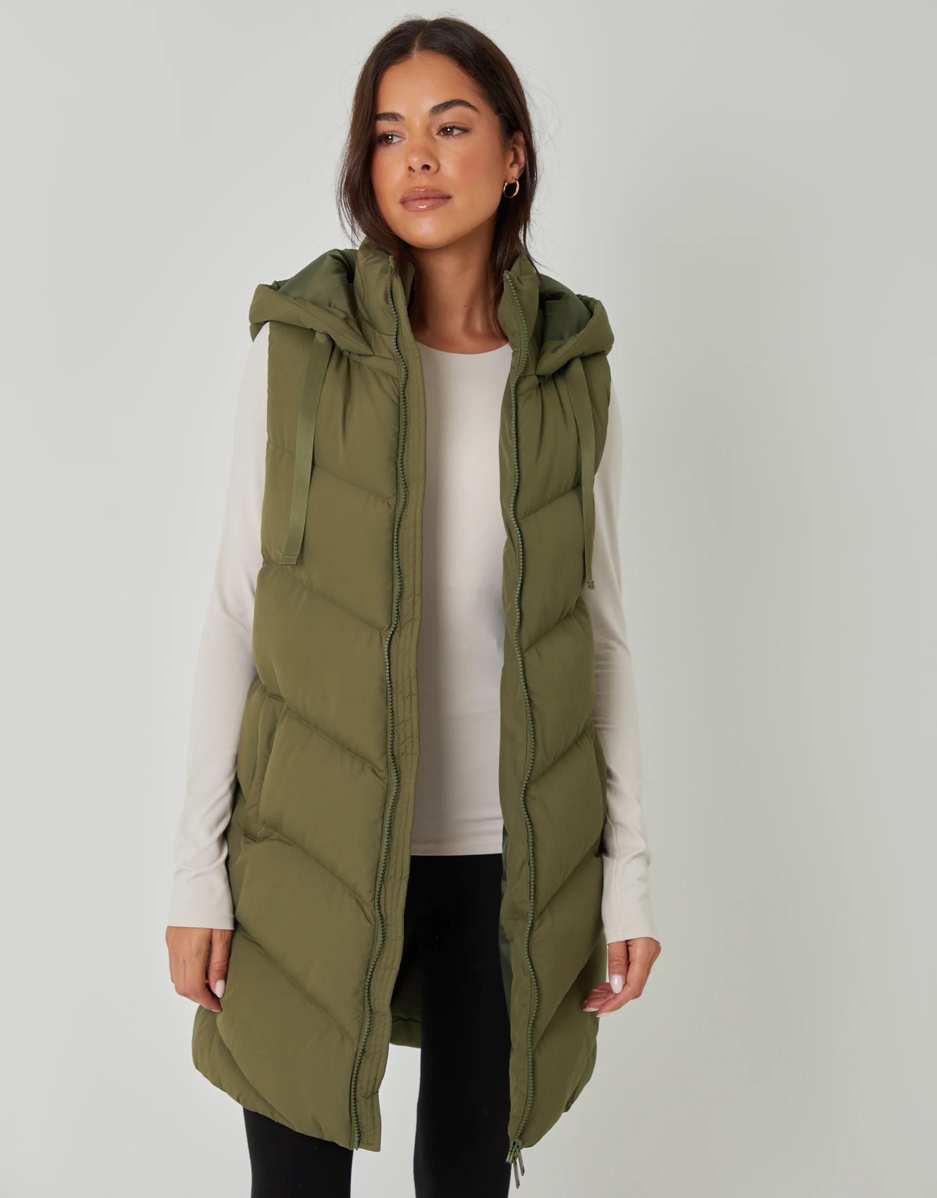 Longline Padded Gilet in Khaki Green - Image 2
