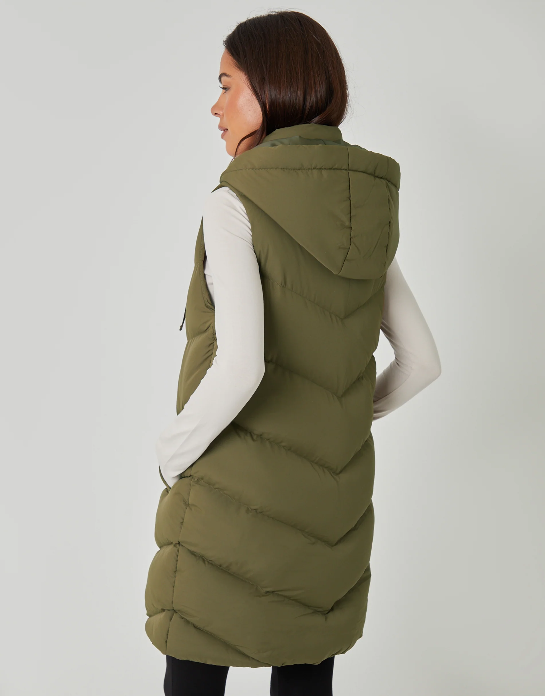 Longline Padded Gilet in Khaki Green - Image 3