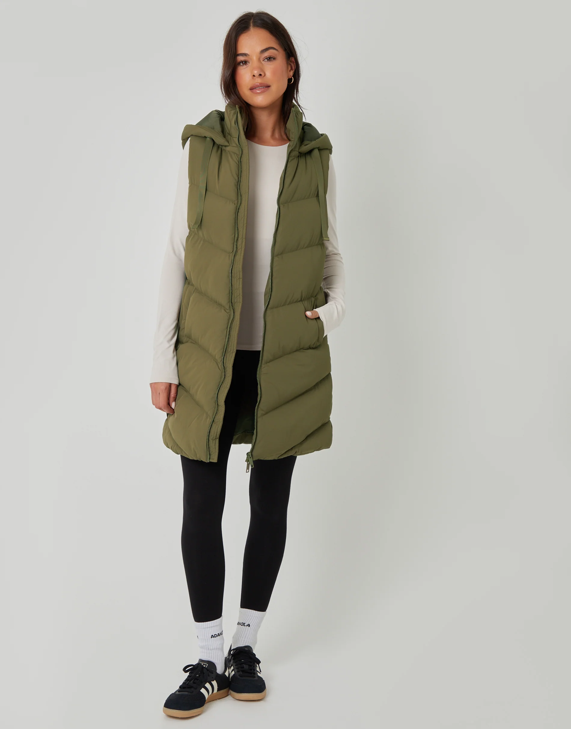 Longline Padded Gilet in Khaki Green - Image 4
