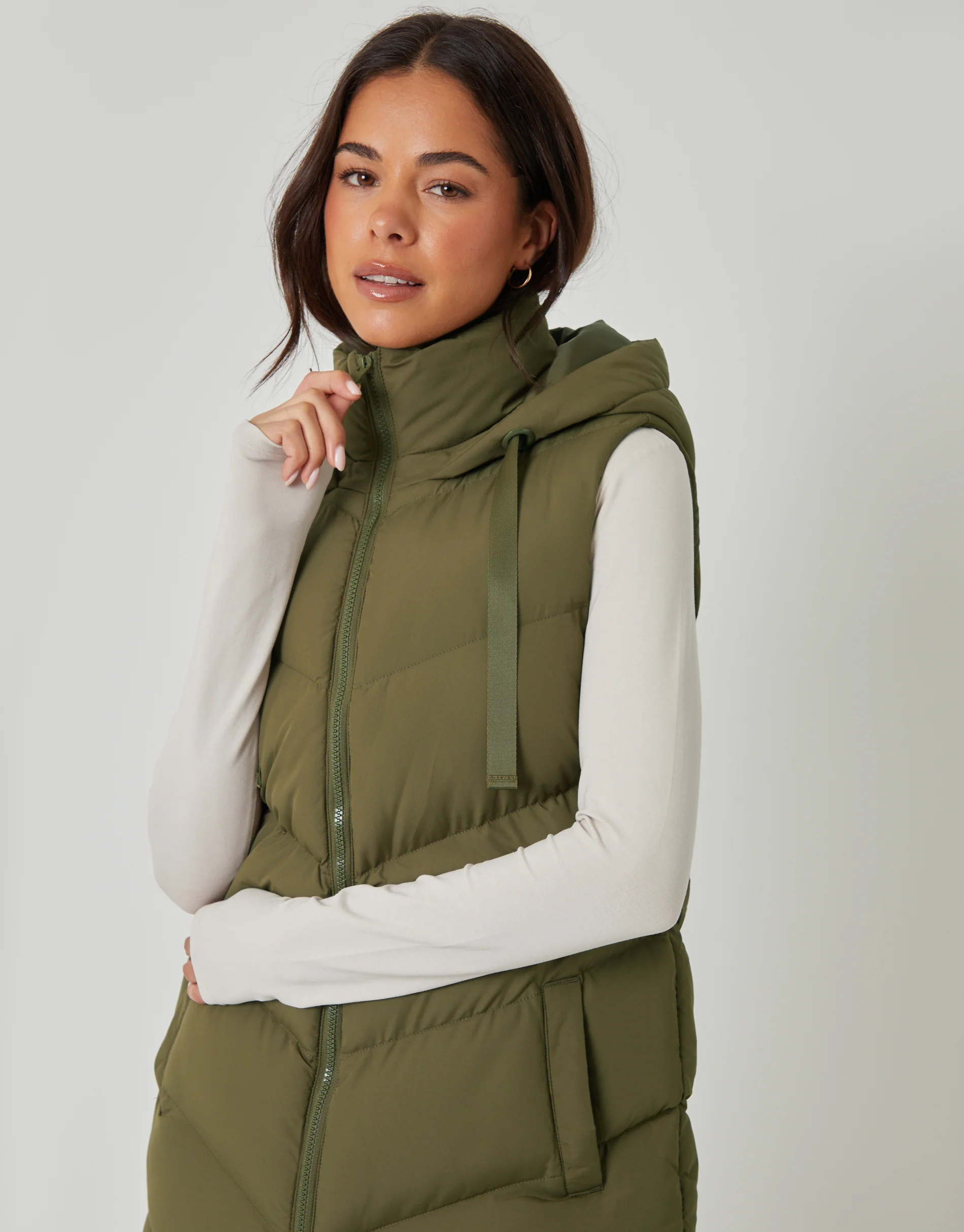 Longline Padded Gilet in Khaki Green - Image 5