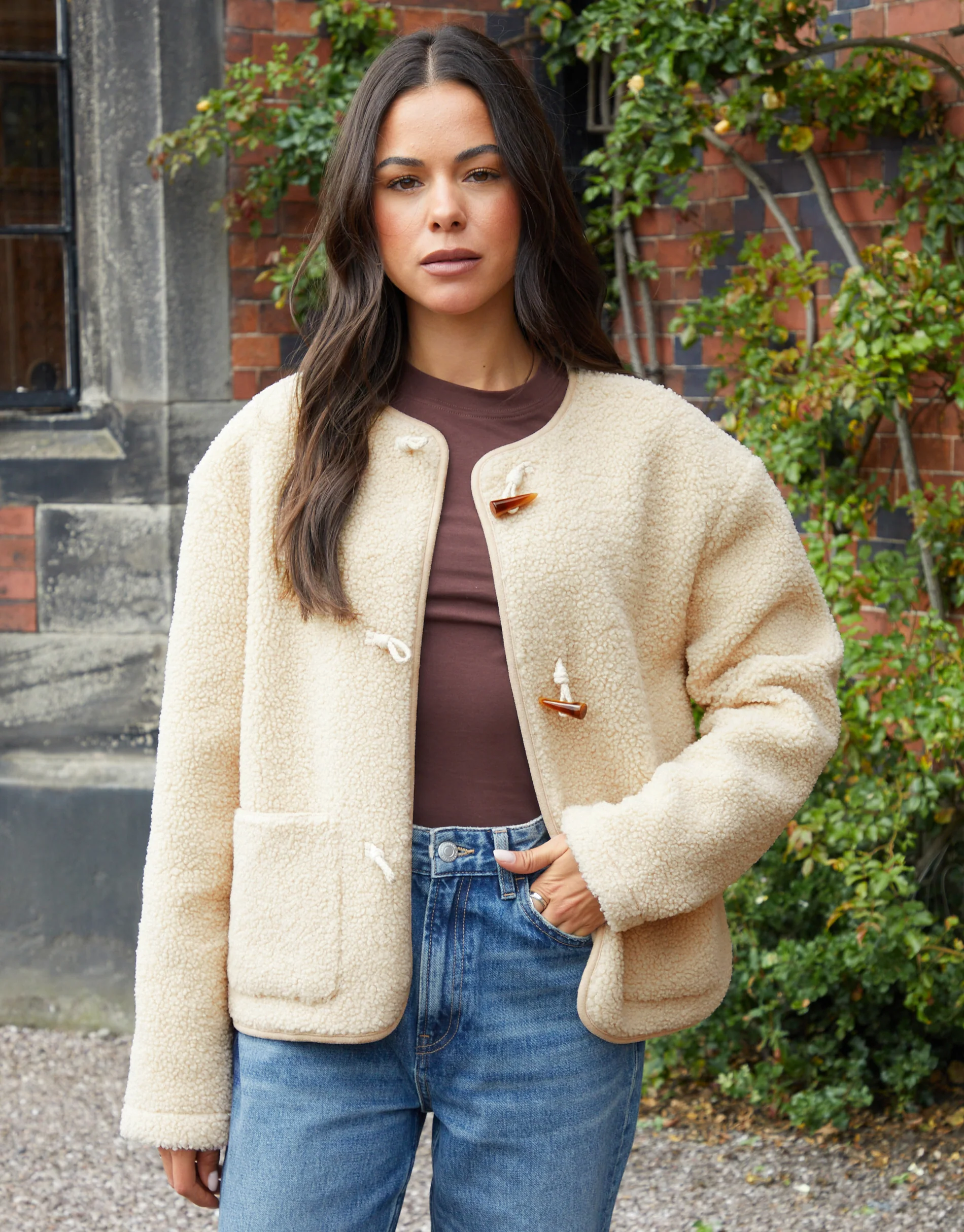 Fleece Borg Toggle Jacket in Beige