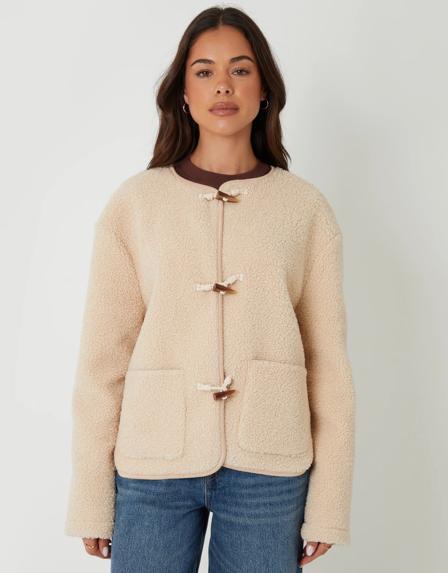 Fleece Borg Toggle Jacket in Beige - Image 6