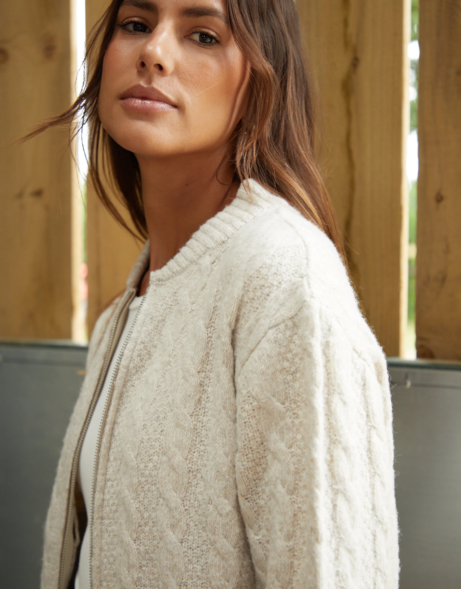 Cable Knit Zip-Up Bomber Jacket in Beige - Image 5
