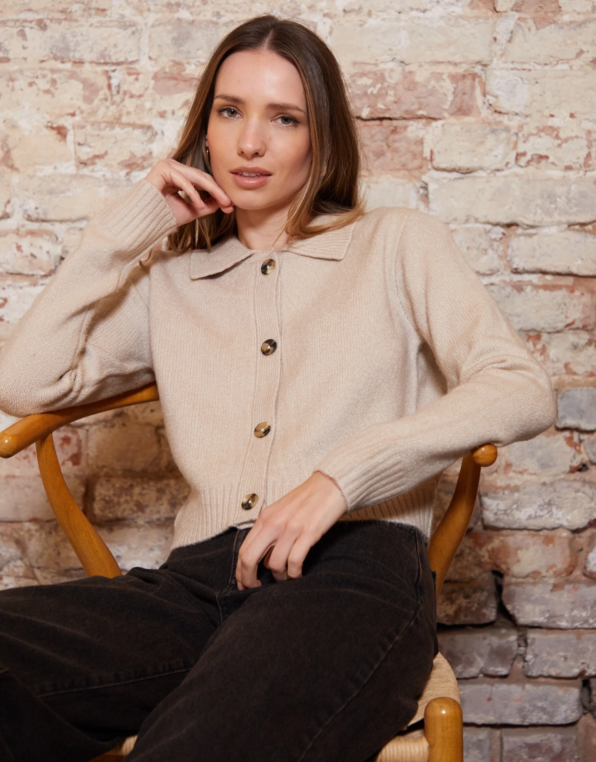 Cropped Collared Knitted Cardigan in Beige - Image 2