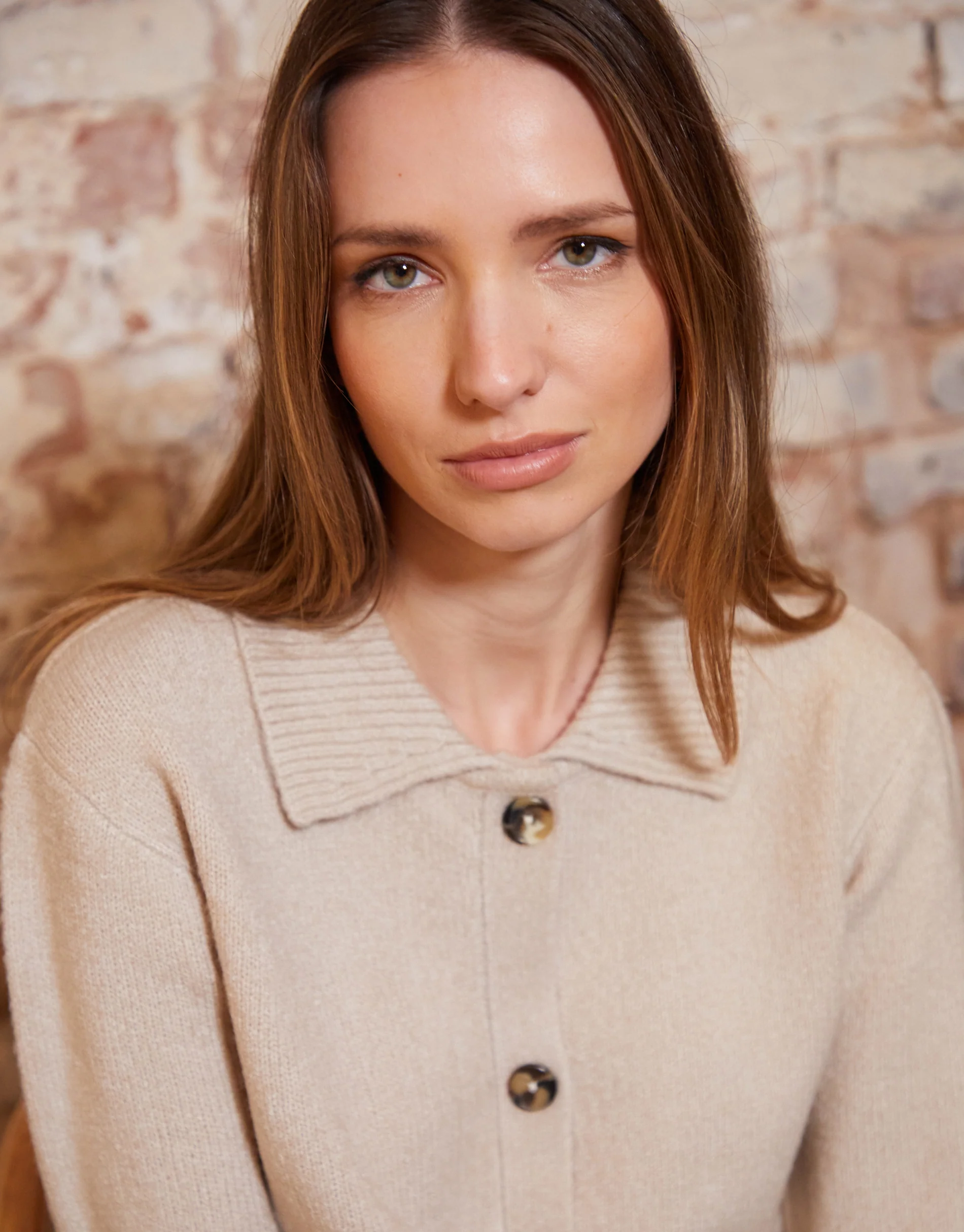 Cropped Collared Knitted Cardigan in Beige - Image 5