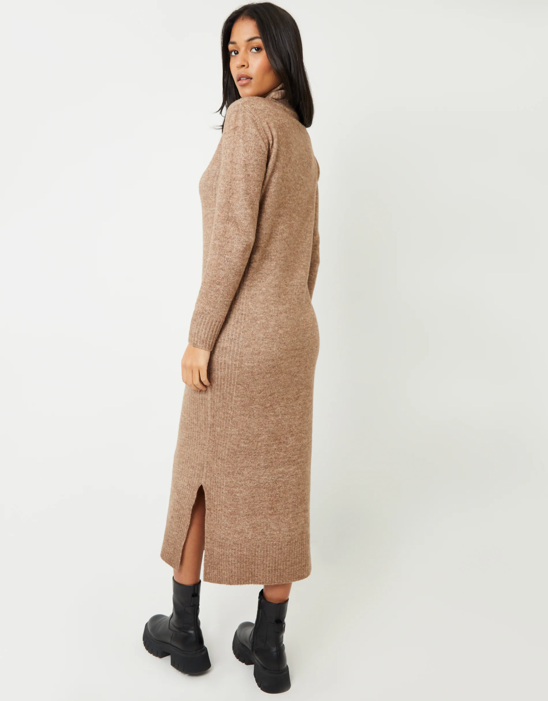 Knitted Roll Neck Maxi Dress in Beige - Image 2