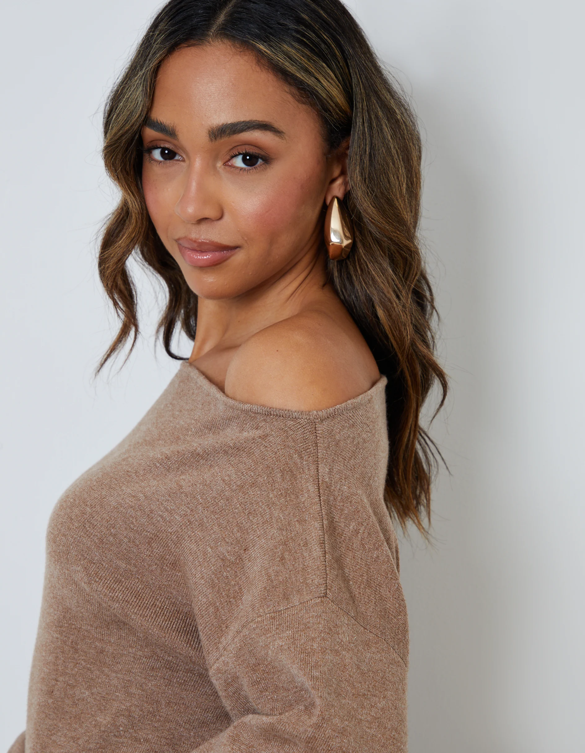 Soft Slash Neck Jumper in Beige - Image 4