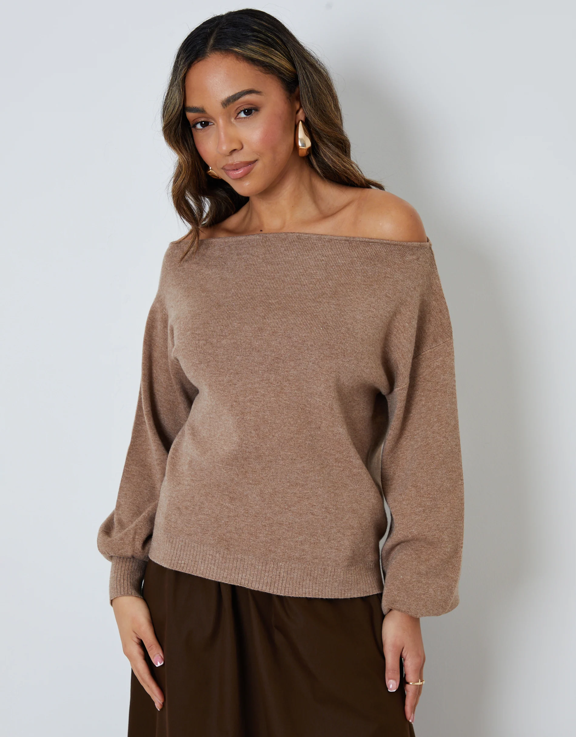 Soft Slash Neck Jumper in Beige - Image 5
