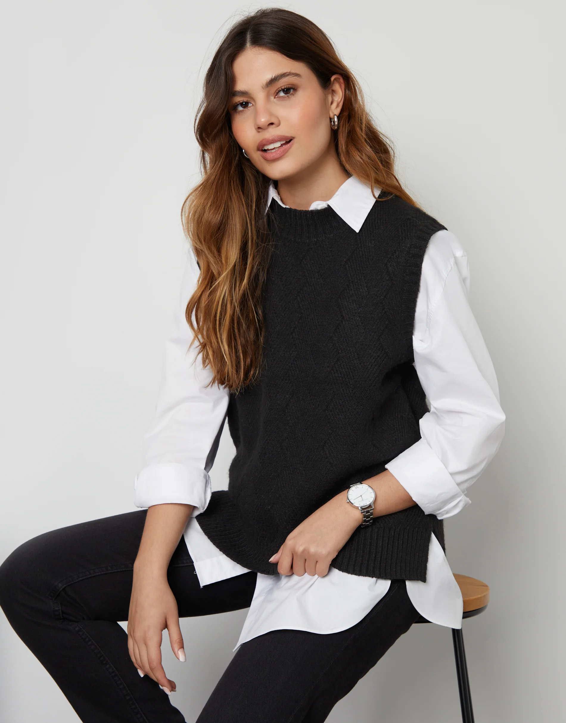 Basket Stitch Knitted High Neck Vest in Black