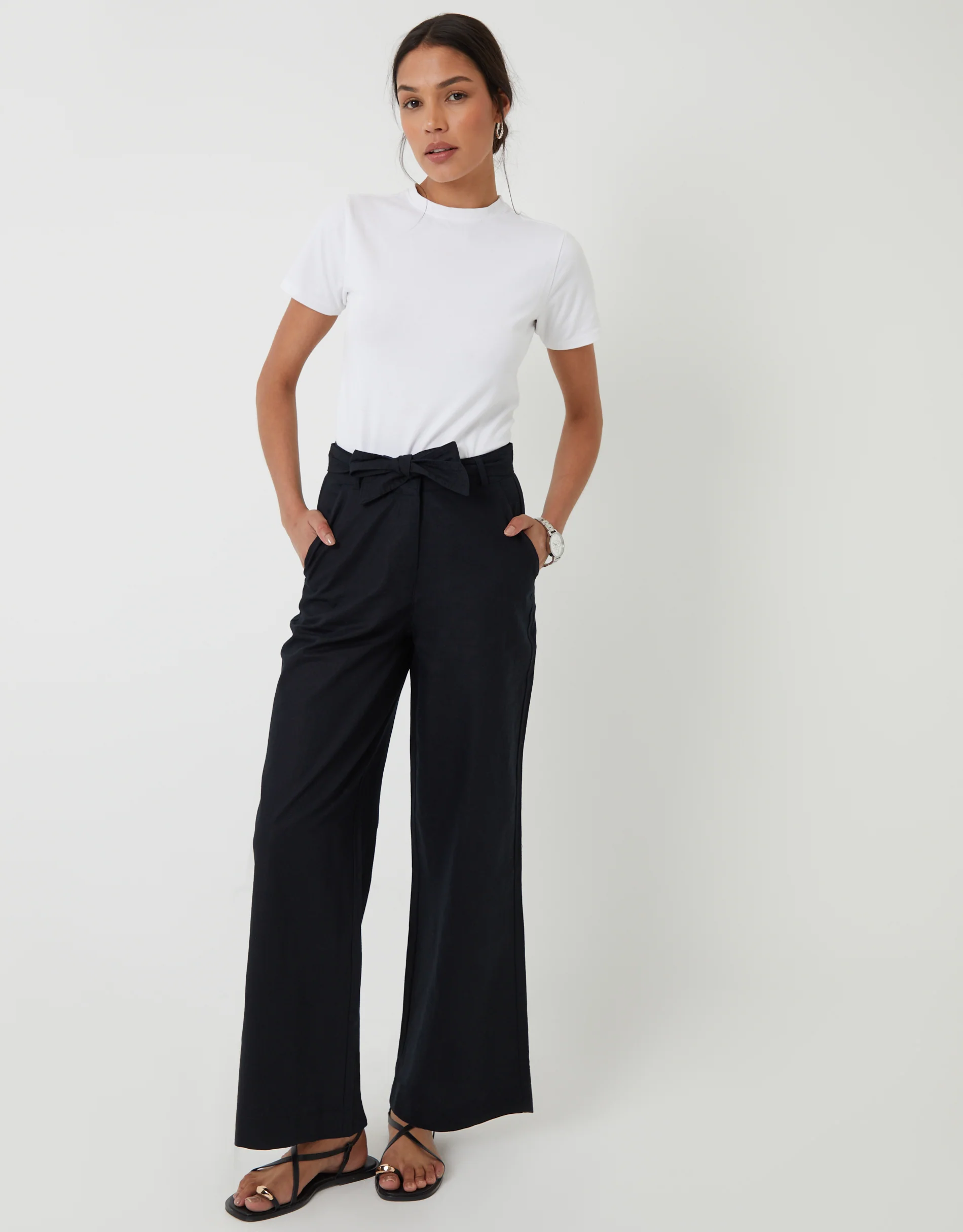 Wide Leg Belted Linen Blend Trousers in Black
