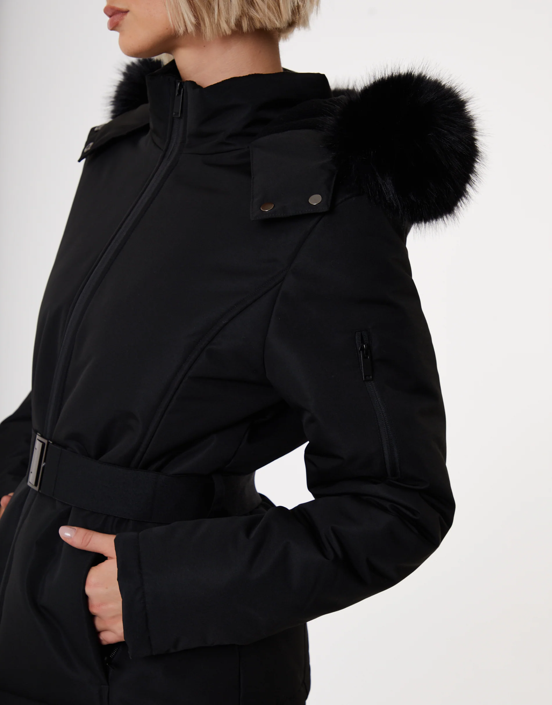 Belted Padded Ski Jacket in Black - Image 4