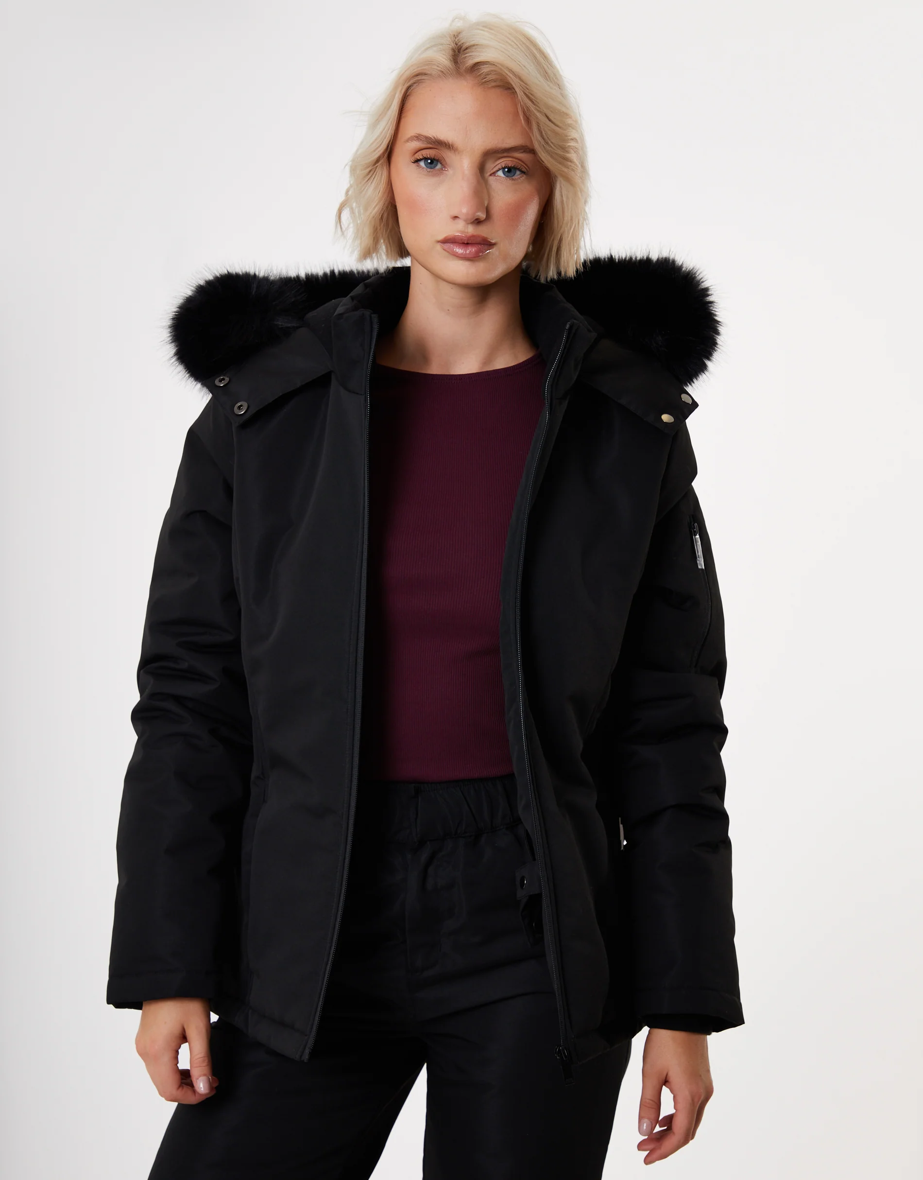Belted Padded Ski Jacket in Black - Image 6