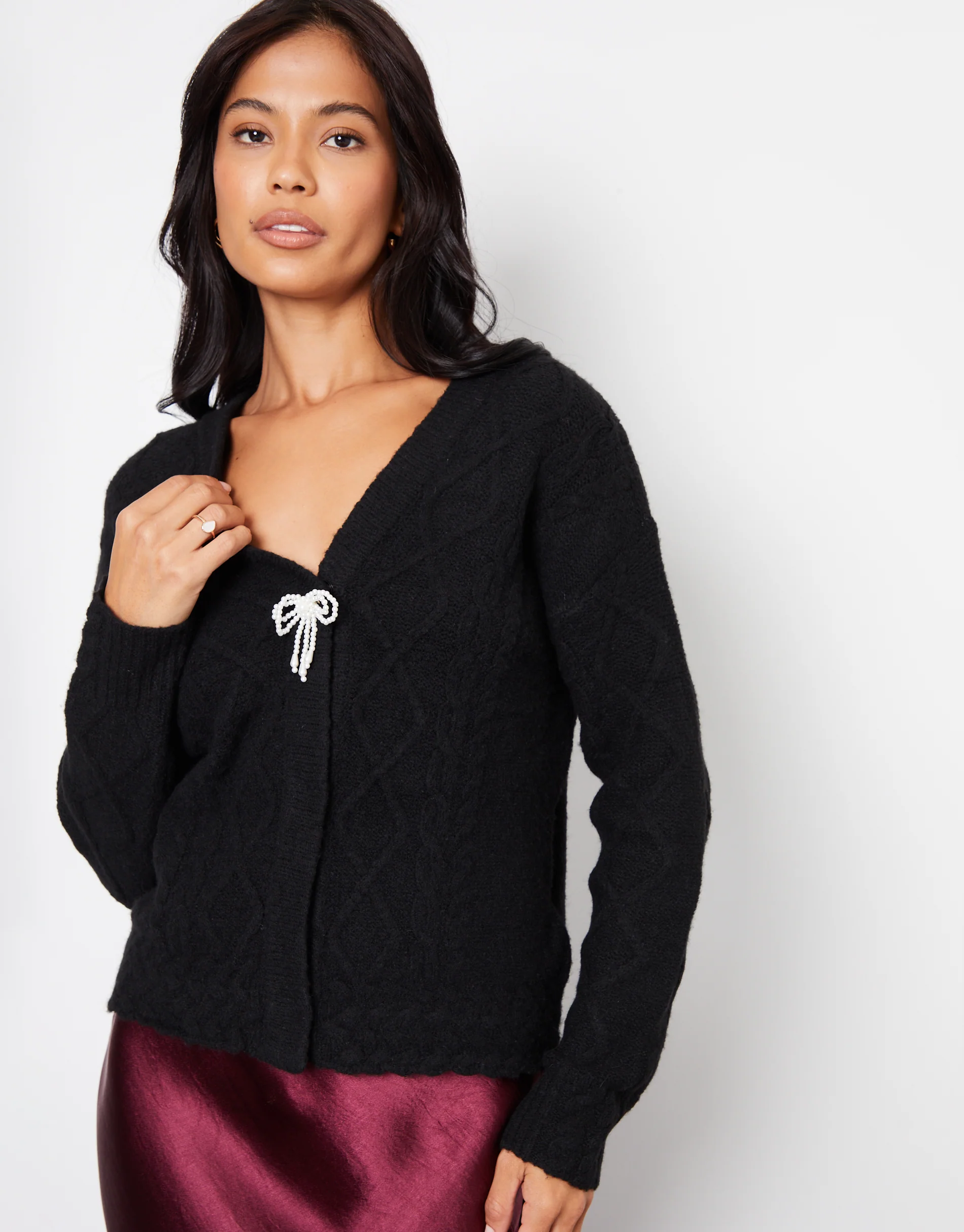 Bow Detail Cable Knit Cardigan in Black