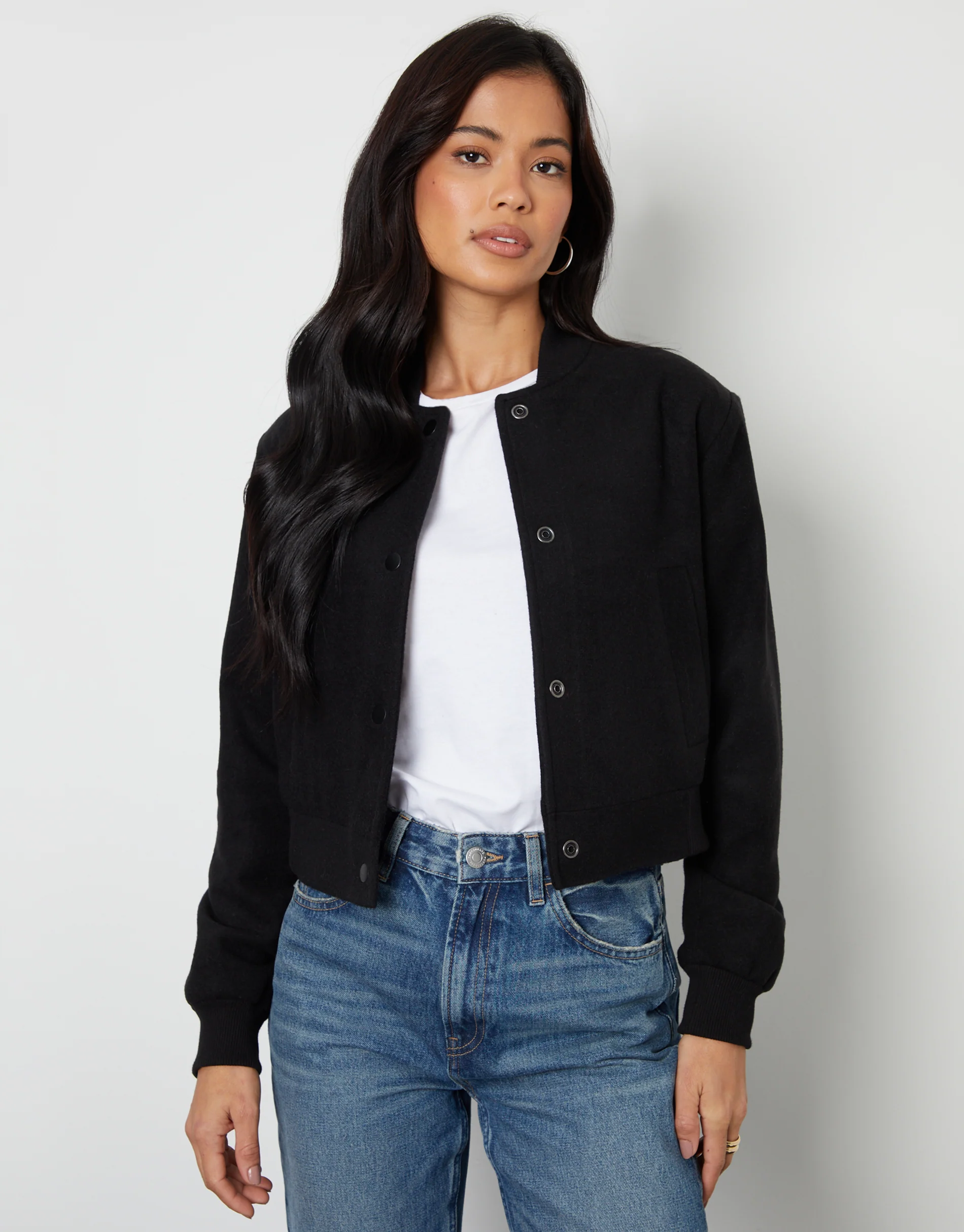 Brushed Cropped Bomber Jacket in Black