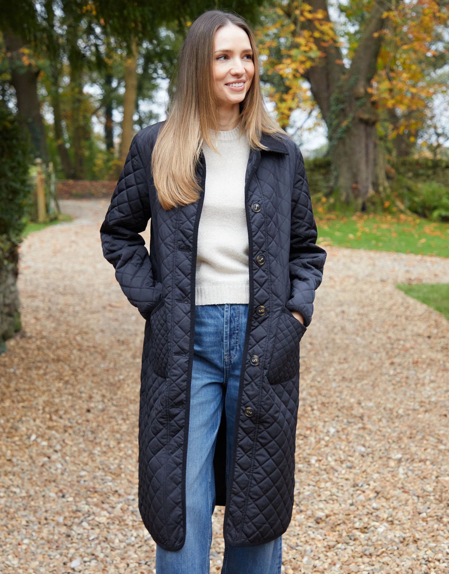 Button Up Collared Diamond Quilted Maxi Coat in Black