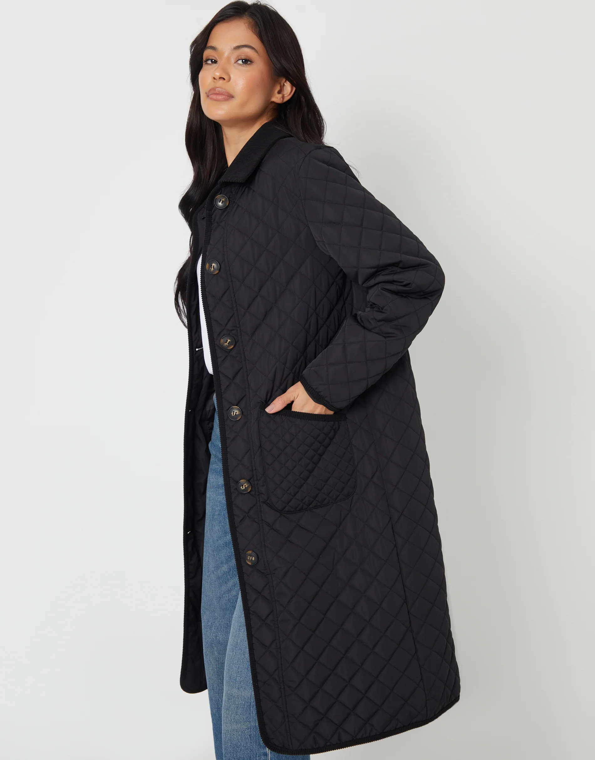 Button Up Collared Diamond Quilted Maxi Coat in Black - Image 3
