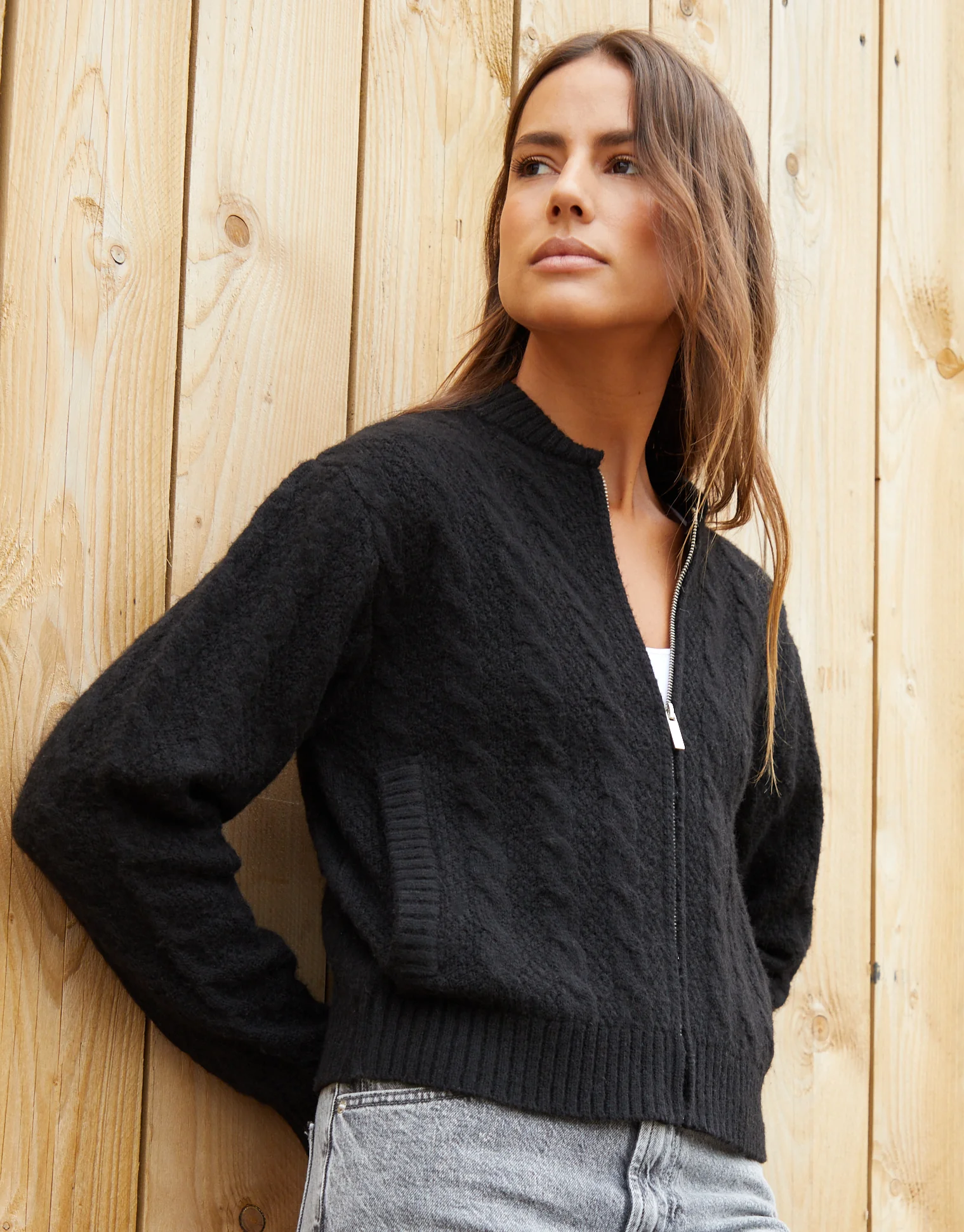 Cable Knit Zip-Up Bomber Jacket in Black