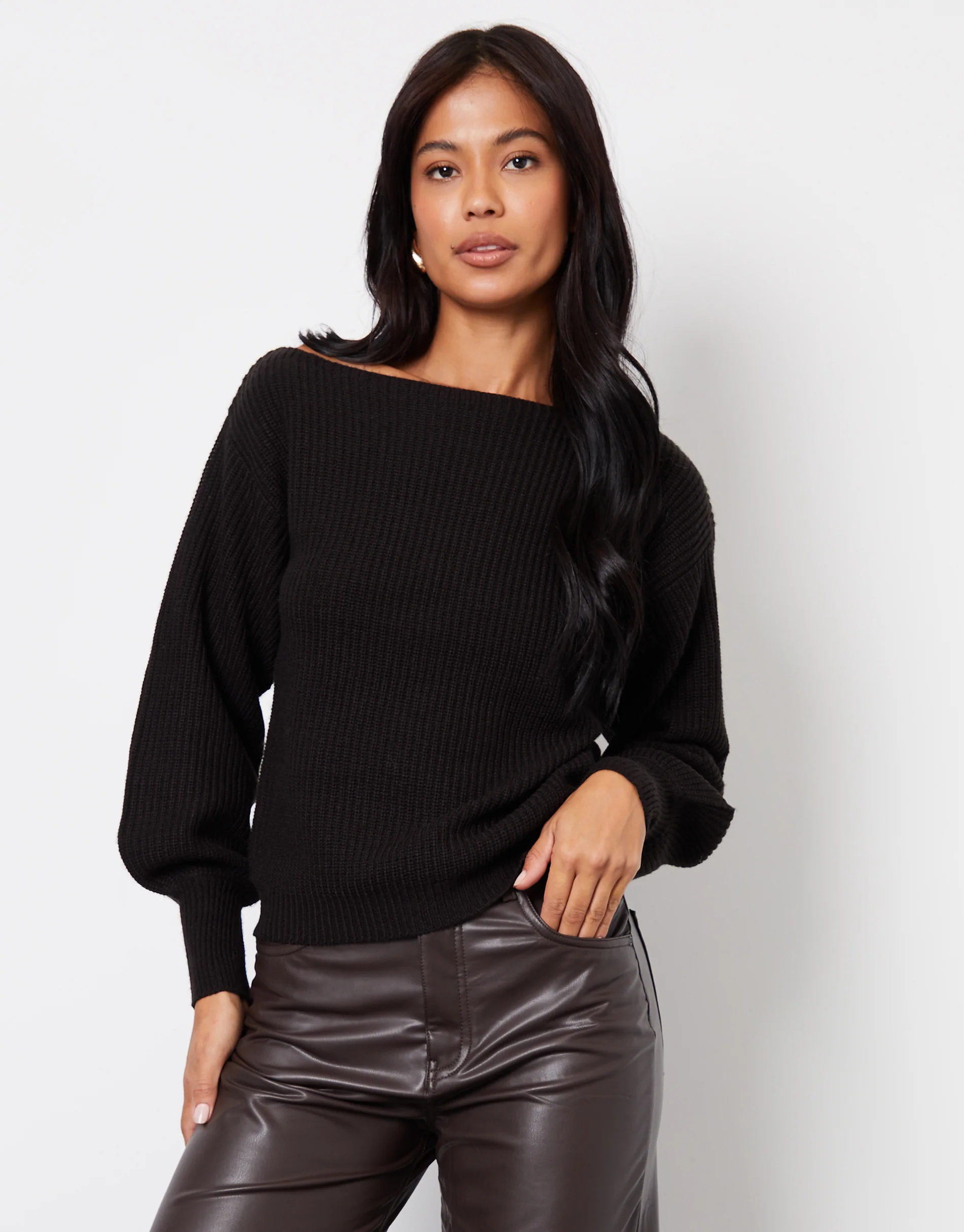 Chunky Knit Slash Neck Jumper in Black