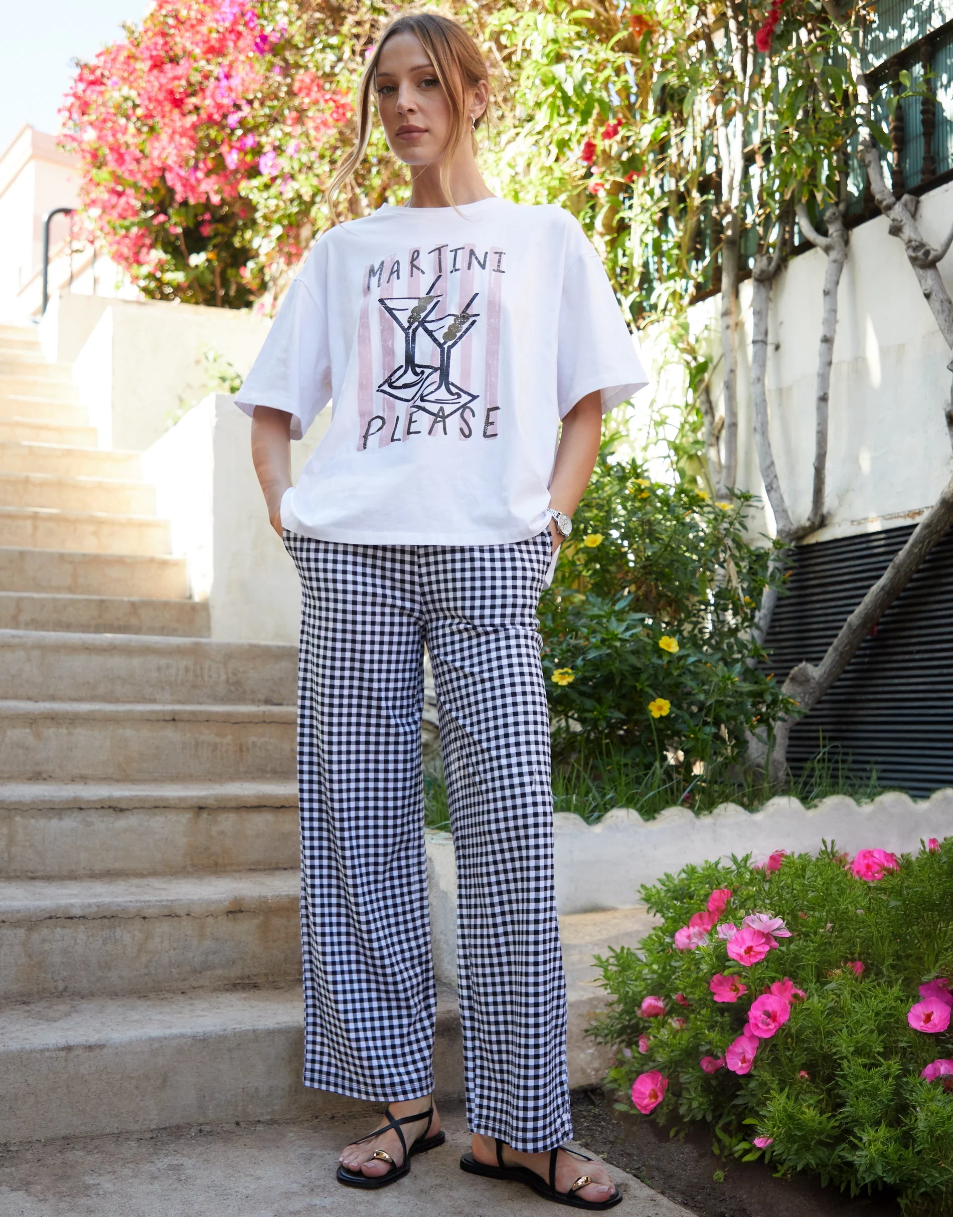 Wide Leg Jersey Trousers in Black Gingham