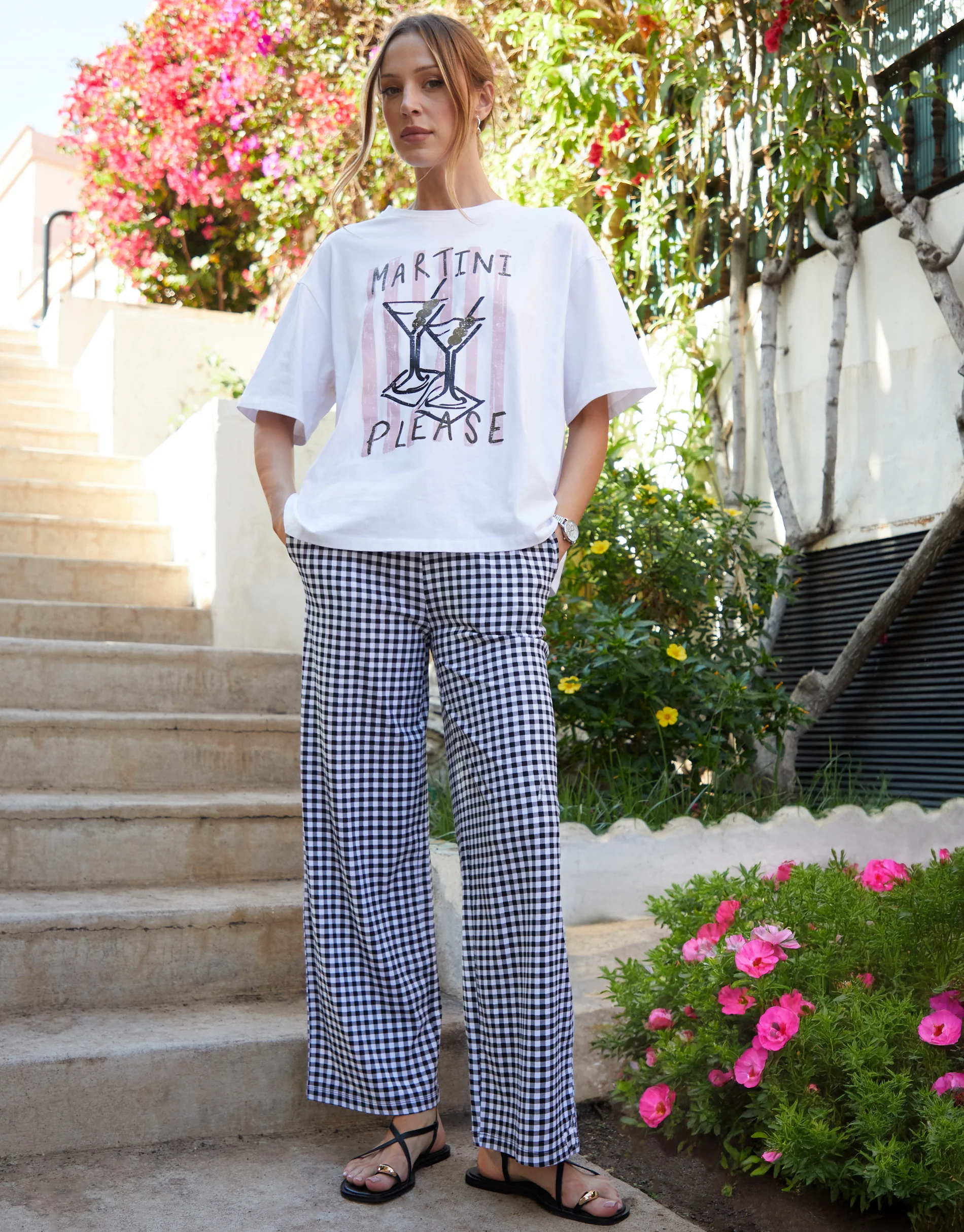 Wide Leg Jersey Trousers in Black Gingham - Image 5