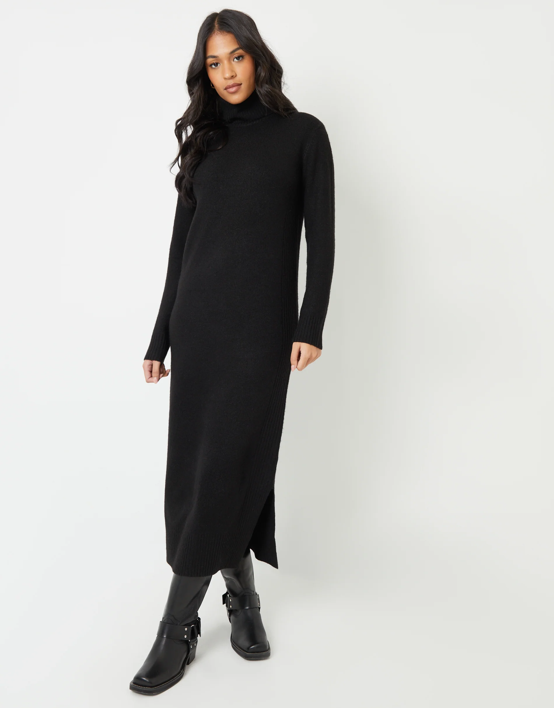 Knitted Roll Neck Maxi Dress in Black