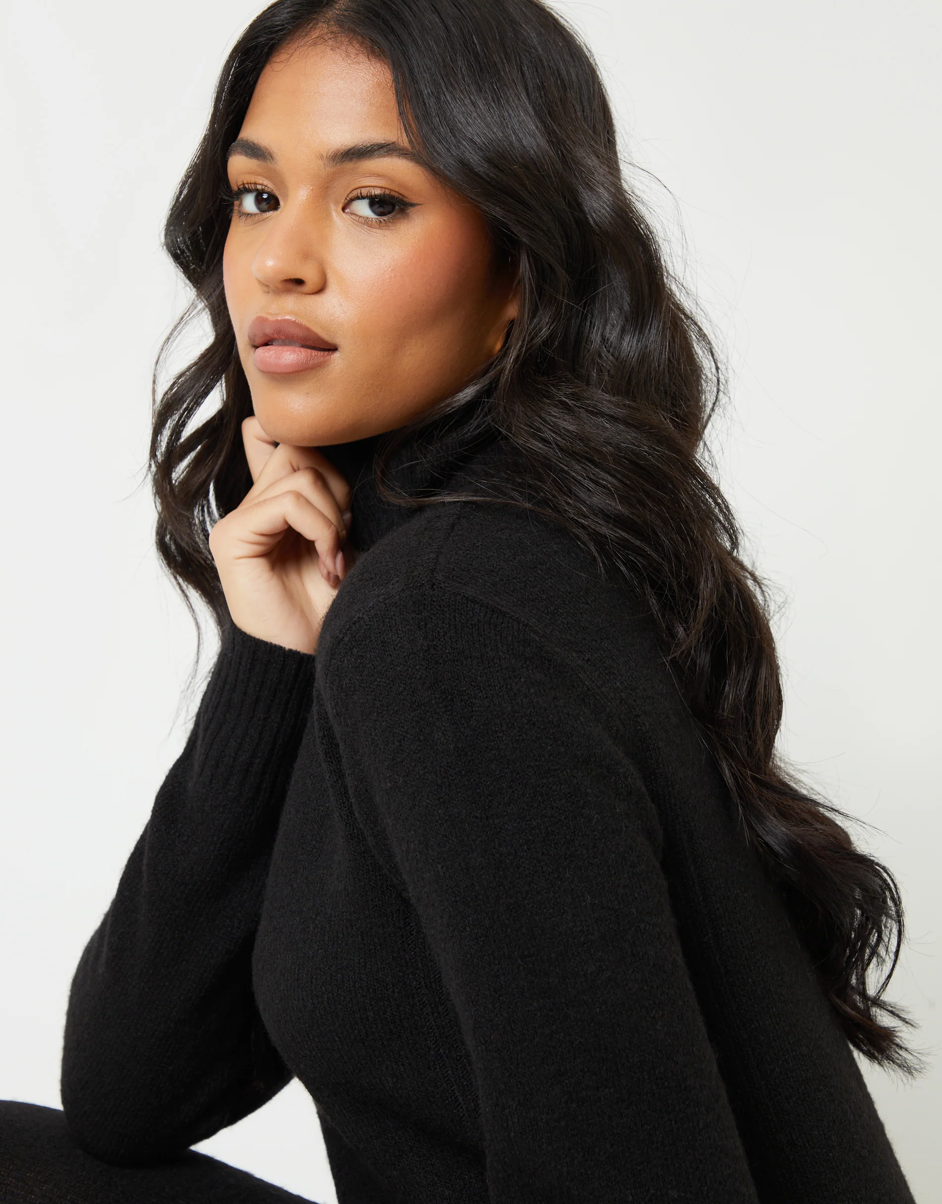 Knitted Roll Neck Maxi Dress in Black - Image 2
